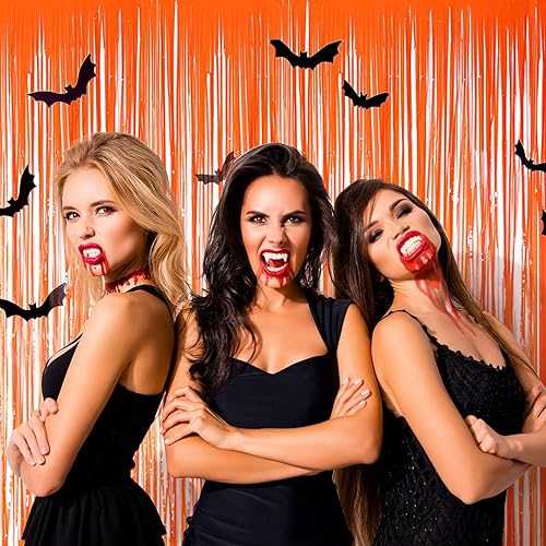 Miniatura 7 de TUPARKA 3 cortinas de papel de aluminio para telón de fondo de fotos, cortinas brillantes para decoración de fiesta de casa embrujada de Halloween,