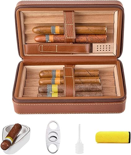 Estuche para puros, humidificador de viaje, paquete de 7 fundas de cuero de cedro marrón con cortador de puros, humidificador, cenicero y toalla