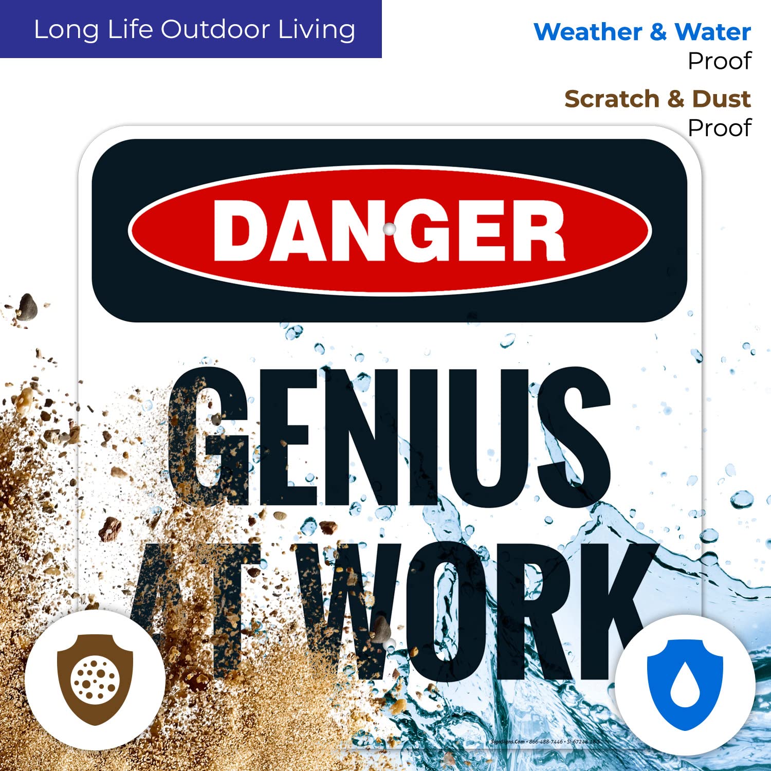 Danger Genius At Work Sign - 18x18 Inches, 55 Mil HDPE, Made In USA, Outdoor/Indoor, Pre-Drilled Holes