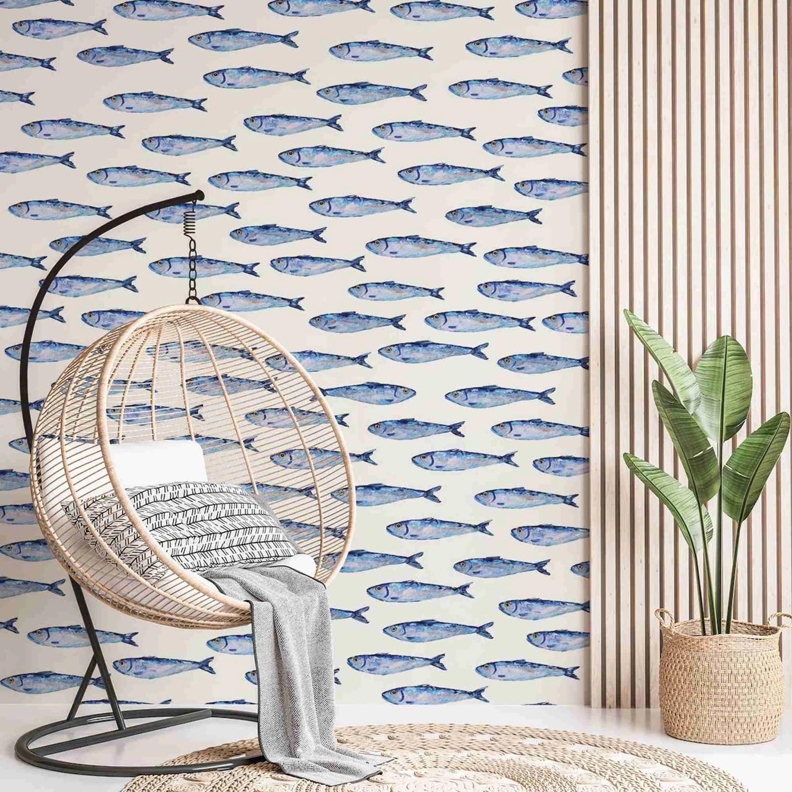 Luysgbxr Peel And Stick Fish Wallpaper Sardines Shoal Wallpaper ,Blue Fish Self-Adhesive For Room Decoration,50Cm *300Cm(Peel And Stick)
