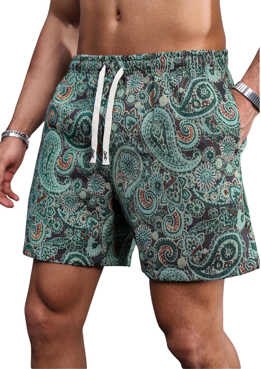 Verdusa Mens Shorts Boho Paisley Summer Vacation Short Drawstring Waist Casual Shorts with Pockets
