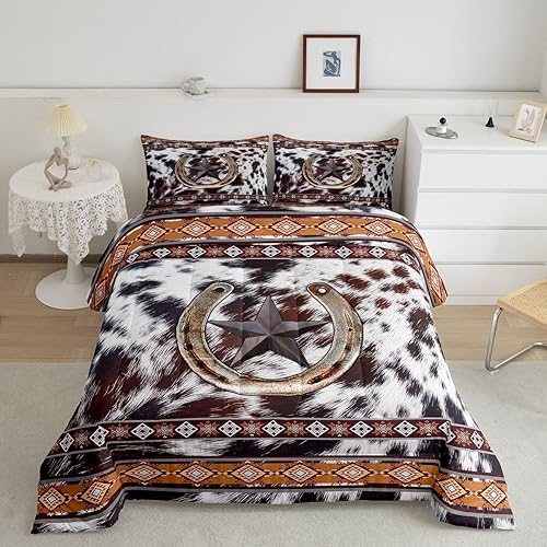 Texas Star - Juego de edredón de herradura estilo bohemio del suroeste, juego de ropa de cama azteca, edredón de plumón de piel de vaca occidental