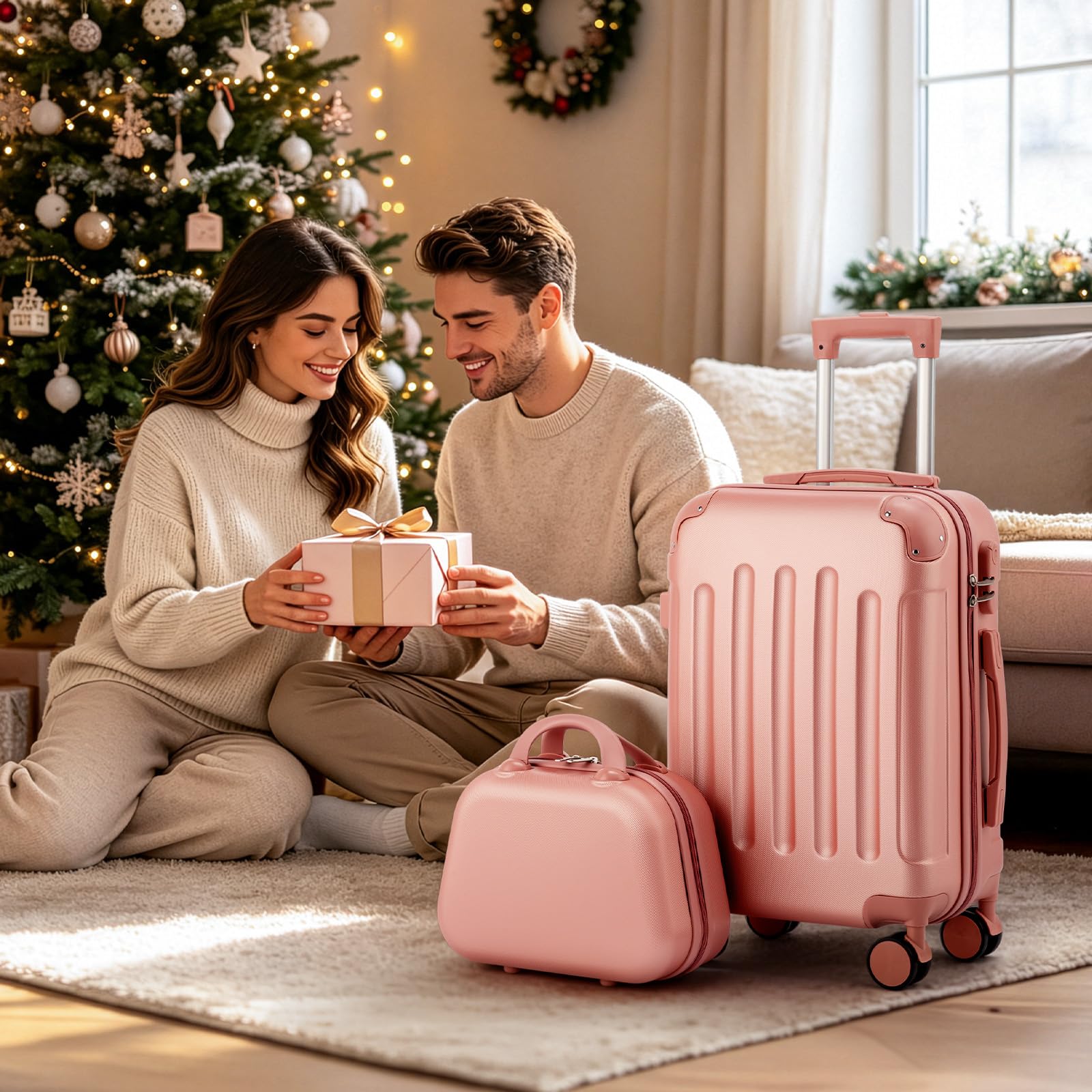 LEADZM Valise Cabine avec Vanity Case, Set de 2 Valises de Voyage avec Renforts d'angle, Set de Bagage pour Voyage en ABS (Or Rose)