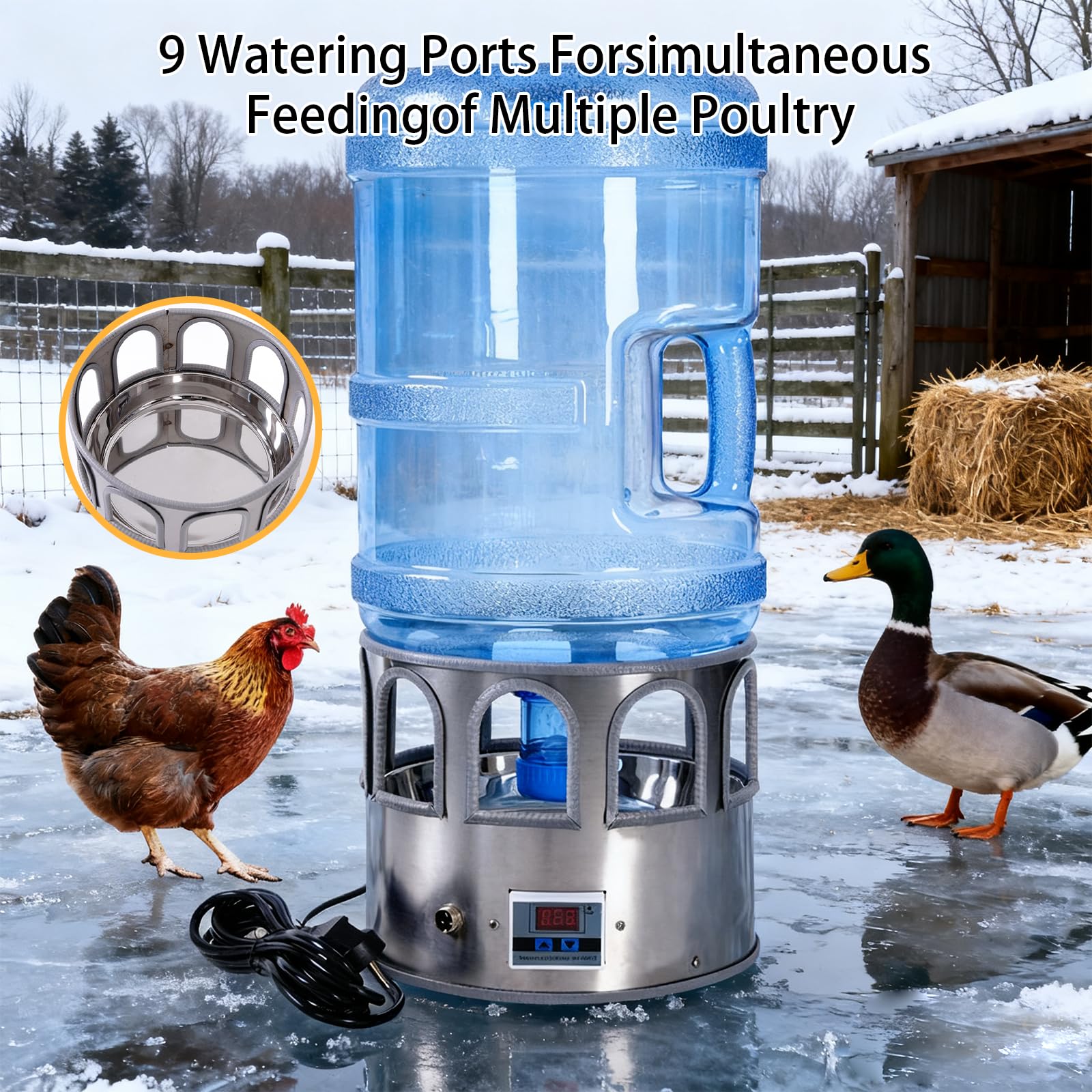 Agua de pollo con calefacción, dispensador de agua de 5 galones con calentador, termostato ajustable, diseño a prueba de congelación para pollos, patos, palomas y gansos