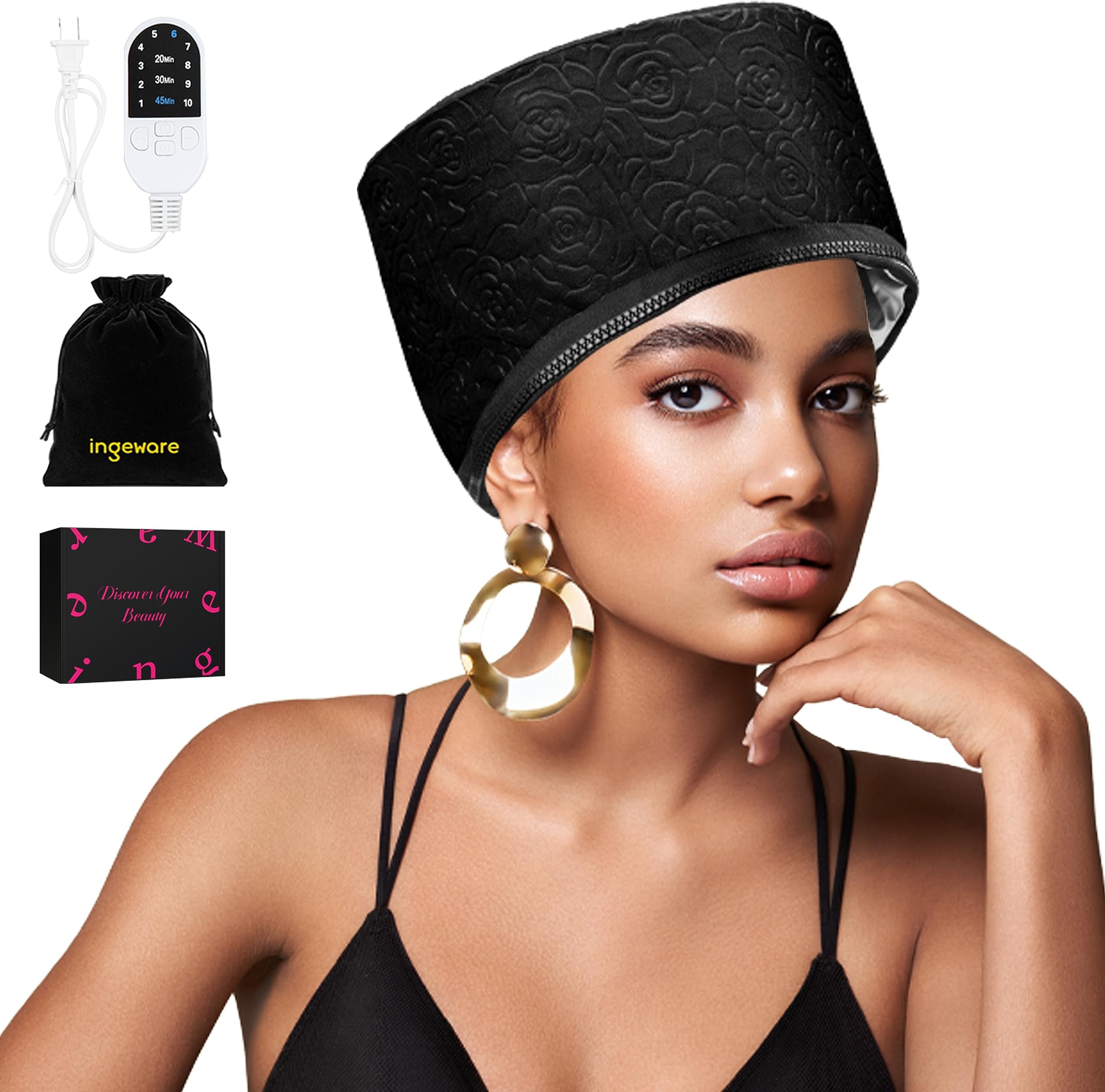 Heat Cap for Deep Conditioning, Thermal Cap for Hair Steamer Cap for Natural Hair Portable Electric Heat Hair Spa Cap for Home Use Leather Rose (Black)