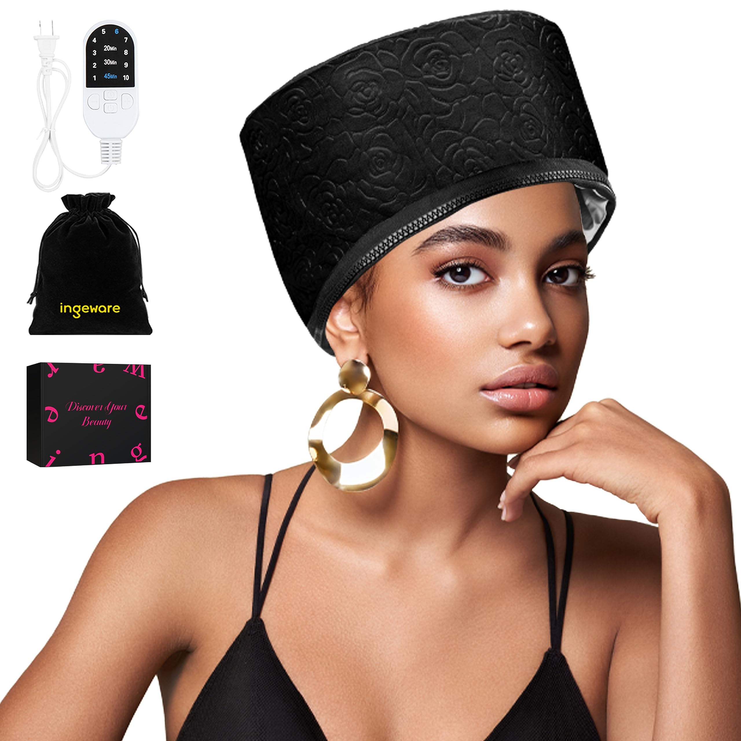 Heat Cap for Deep Conditioning, Thermal Cap for Hair Steamer Cap for Natural Hair Portable Electric Heat Hair Spa Cap for Home Use Leather Rose (Black)