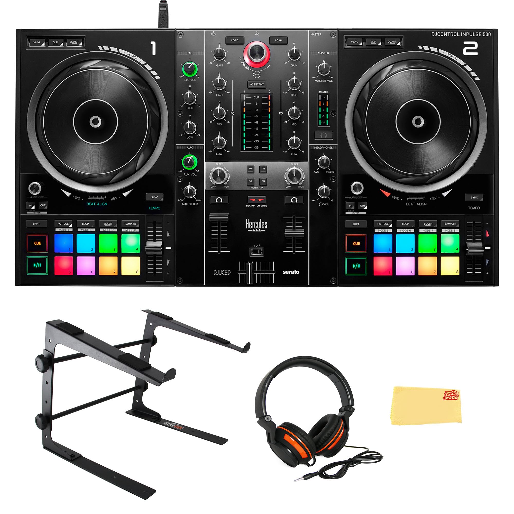 Hercules DJ Control Inpulse 500 Bundle with DJ Laptop Stand, Headphones, and Austin Bazaar Polishing Cloth