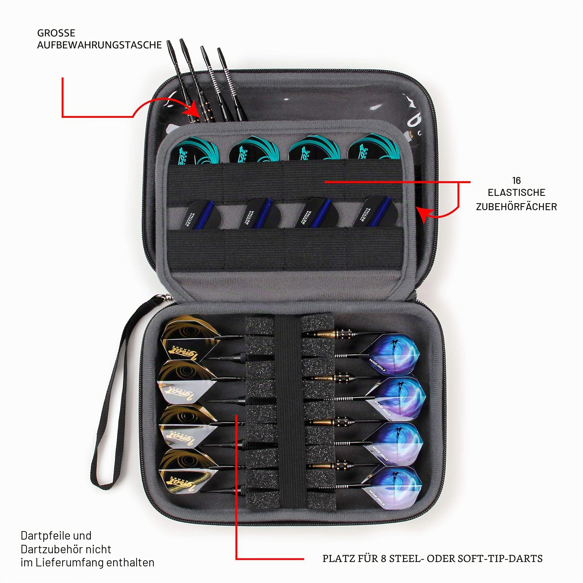 USA Gear Hartschalen-Dartkoffer - Darthalter für 8 Pfeile und Zubehör, Spitzen, Schäfte und Flüge - Kompatibel mit Pfeilen mit weicher Spitze und Stahlspitze (Schwarz)