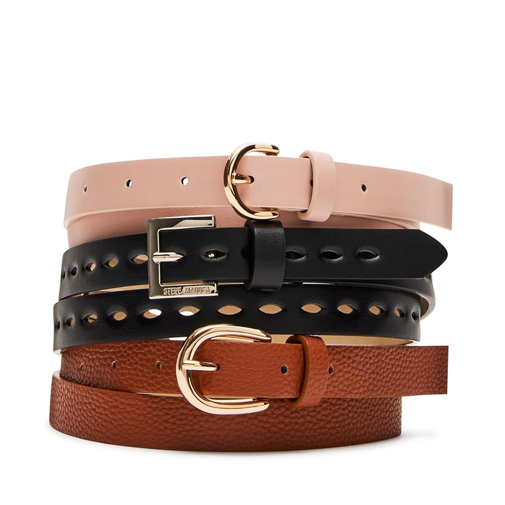 Steve madden 3本セット フェイクレザーベルト Amazon.com: Steve Madden 3 FOR 1 PANT BELT PACK, COG/BLUSH