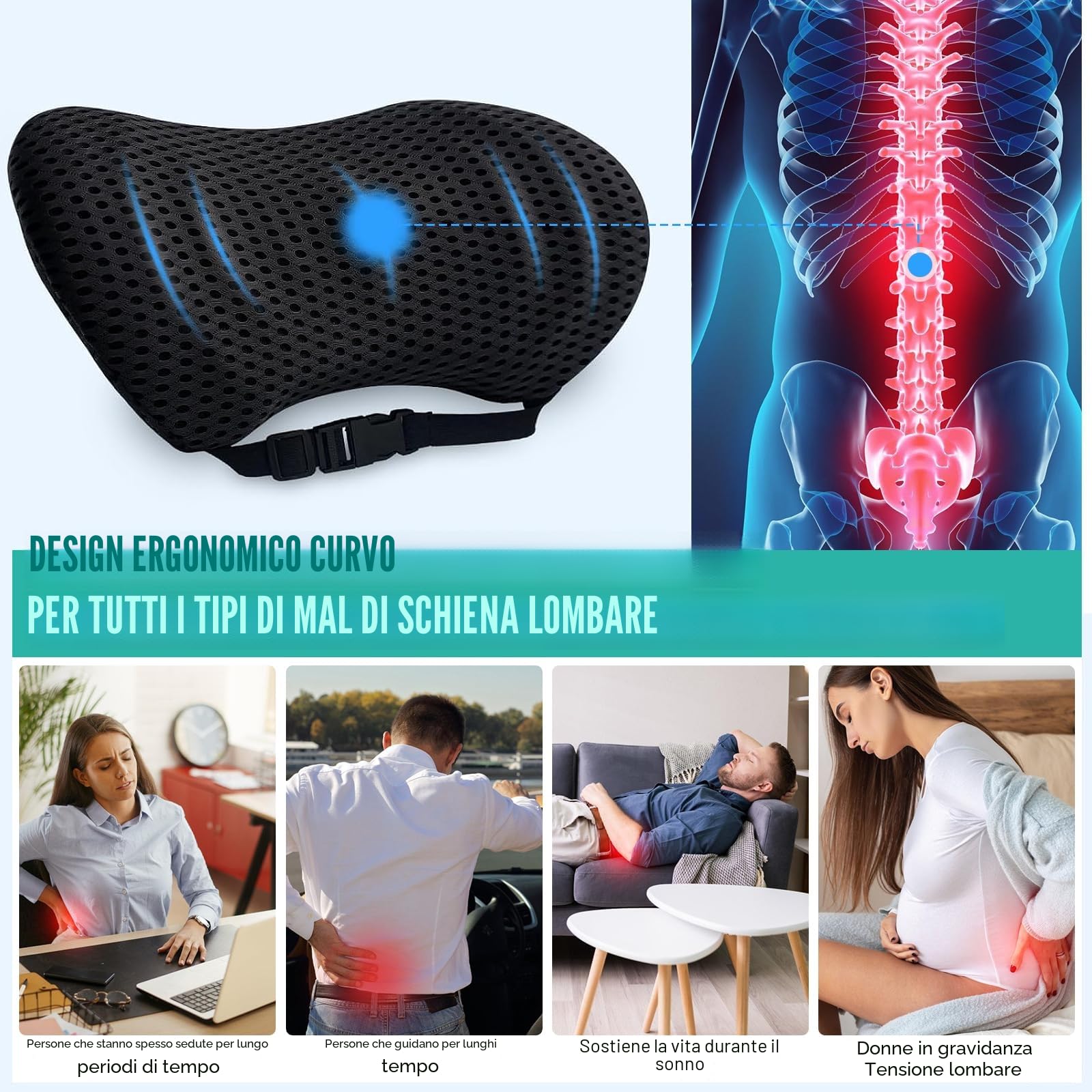 Cuscino Lombare Ergonomico in Memory Foam – Supporto Schiena Ortopedico per Sedia da Ufficio, Auto e Casa – Traspirante, Lavabile e con Cinghia Regolabile