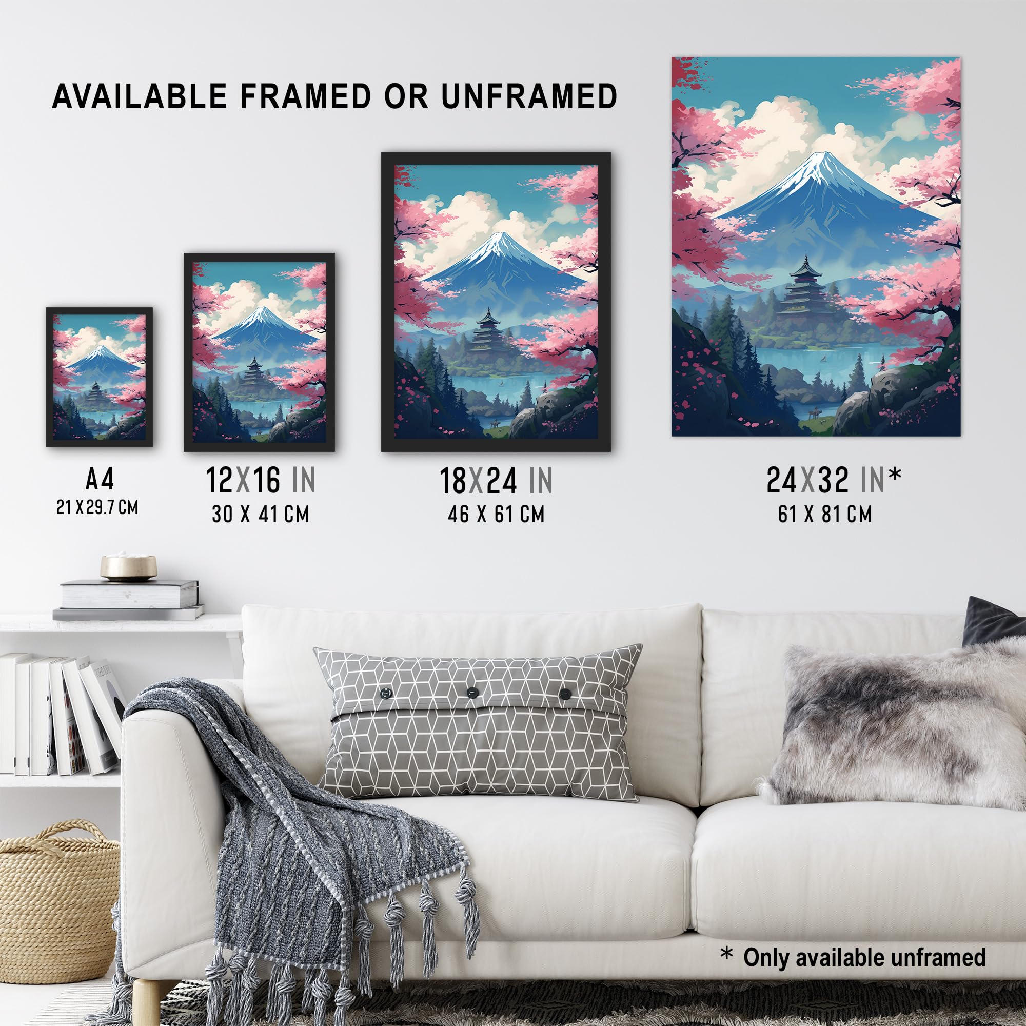 Artery8 Japanese Temple on Mount Fuji Lake Painting Green Blue Pink Cherry Blossom Trees Blooming in Tranquil Forest Landscape Artwork Framed Wall Art Print A4 - Image 3