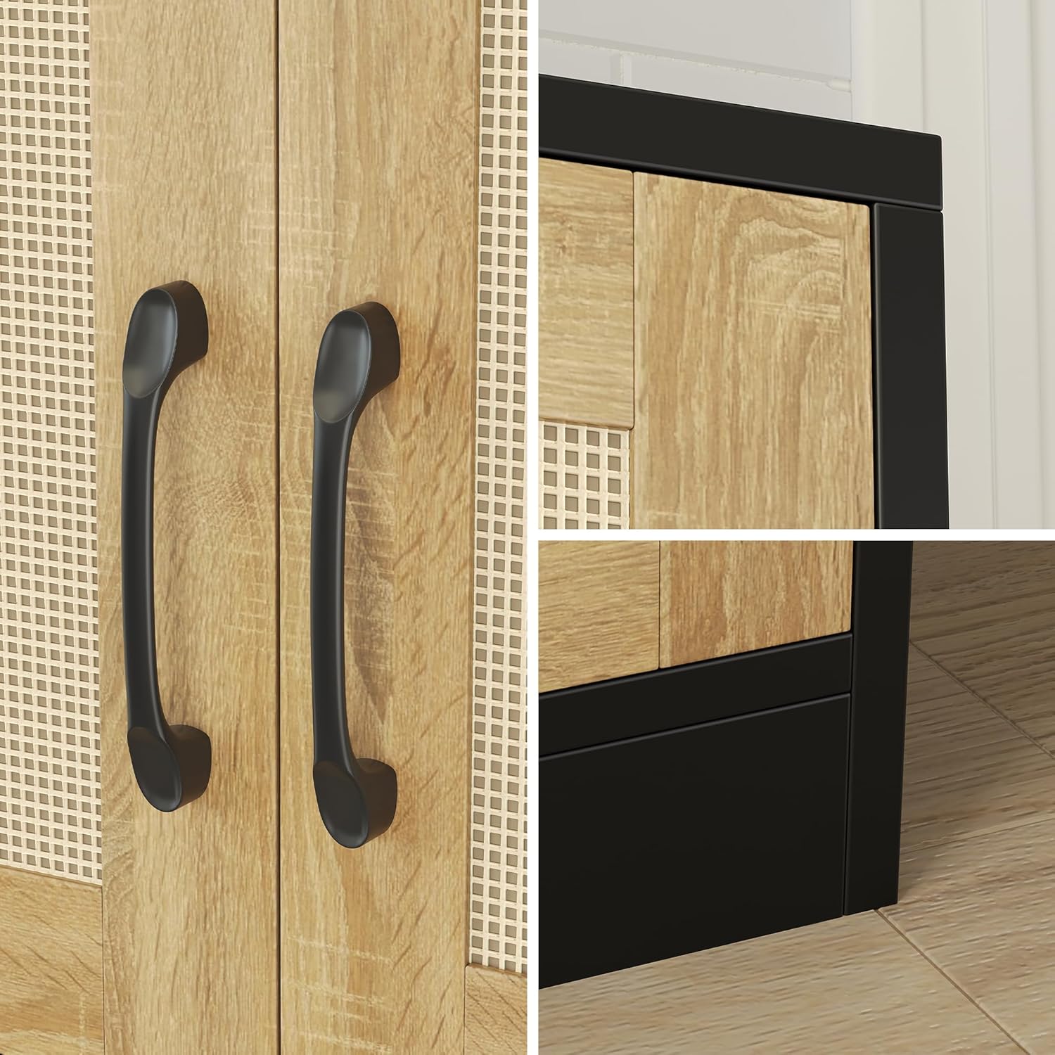 Detailed view of the JASIWAY Black Linen Pantry Cupboard's features