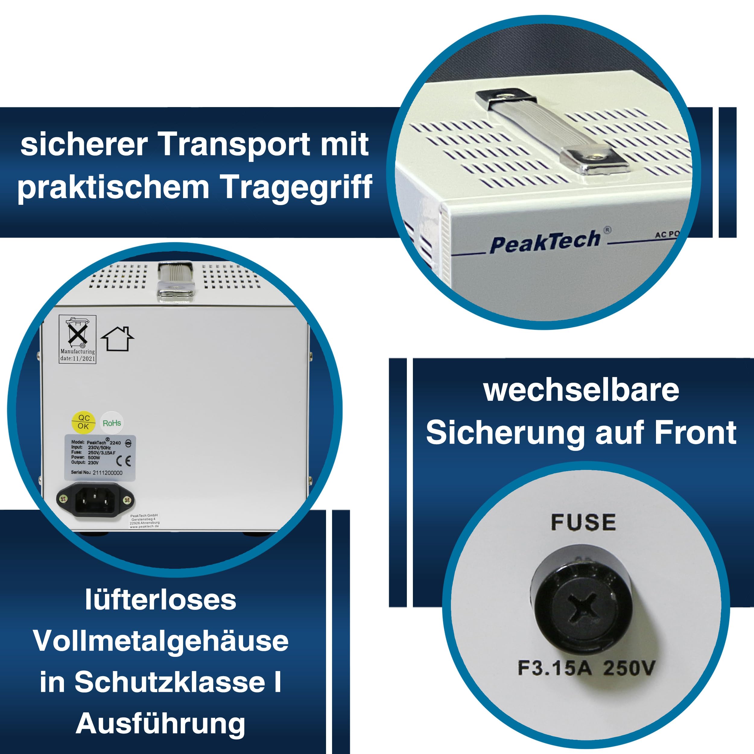 PeakTech 2240 - Mobiler Trenntransformator - Sicherheitstransformator 500VA