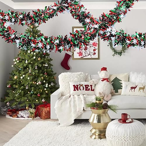 Miniatura 6 de Guirnalda colgante de oropel metálico de Navidad de 50 pies con copo de nieve para el hogar, manto de árbol de Navidad, barandilla de escalera, año