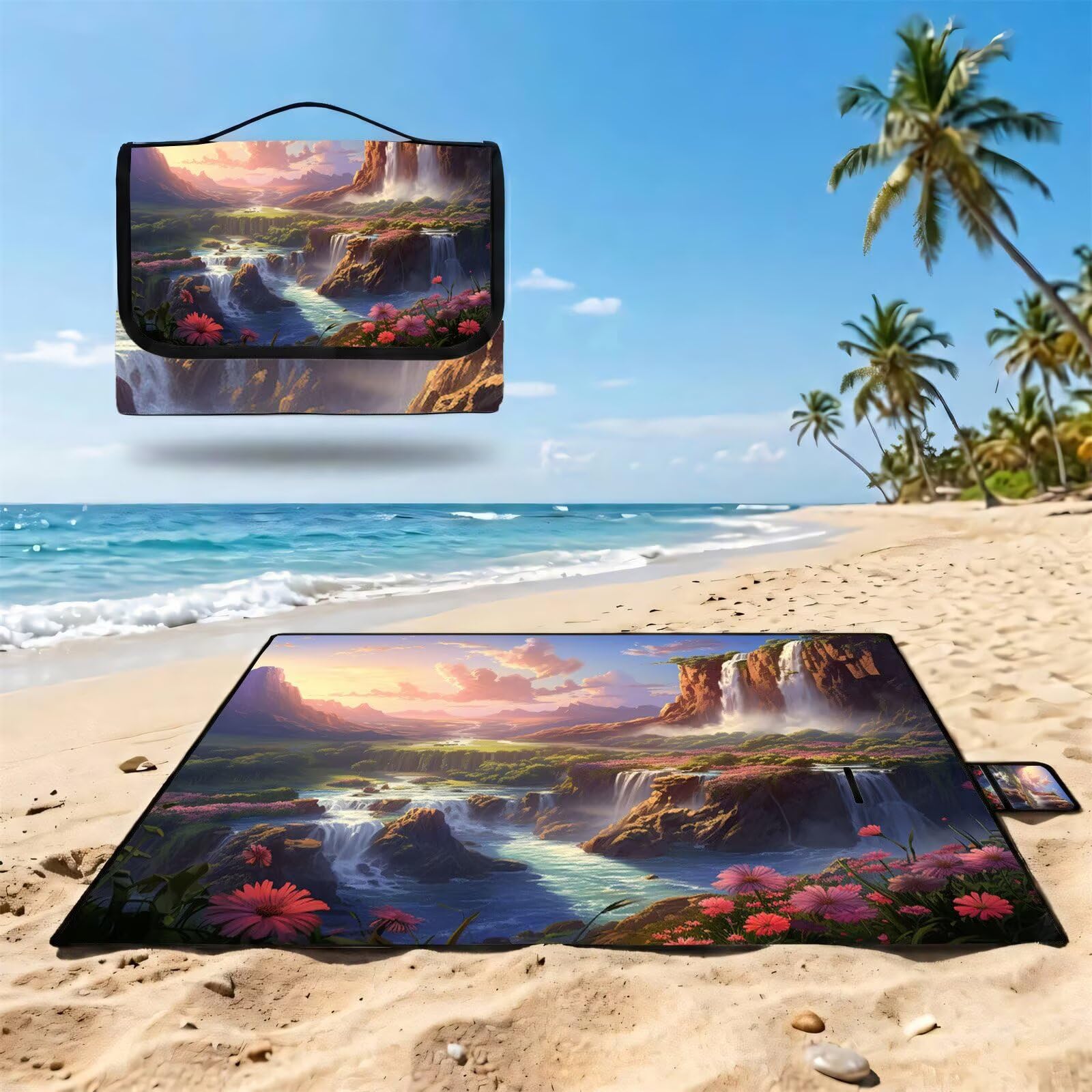 Coperta de Picnic 150x200 cm, Paesaggio Manta Picnic Impermeable Anti-Sabbia Manta de Playa Pieghevole, Outdoor Picnic Blanket per Spiaggia, Camping, Giardino, Trekking - montagne (2) FZ-66