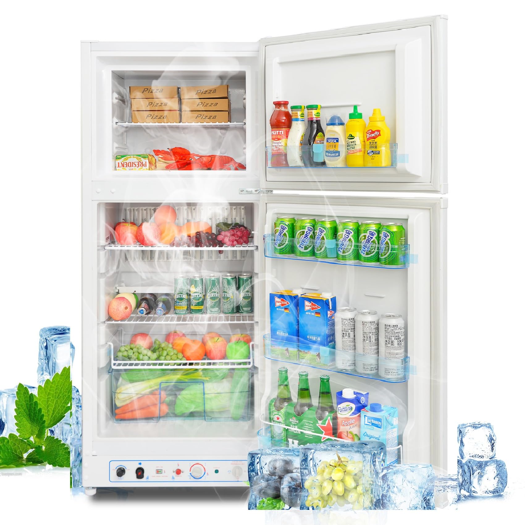 Gas Kühlschrank mit Gefrierfach, 185L, Kühl-Gefrier-Kombinationen, Gas/230V, Kühlschrank Groß für Küche, Outdoor, Wohnmobil, Reisen, Weiß