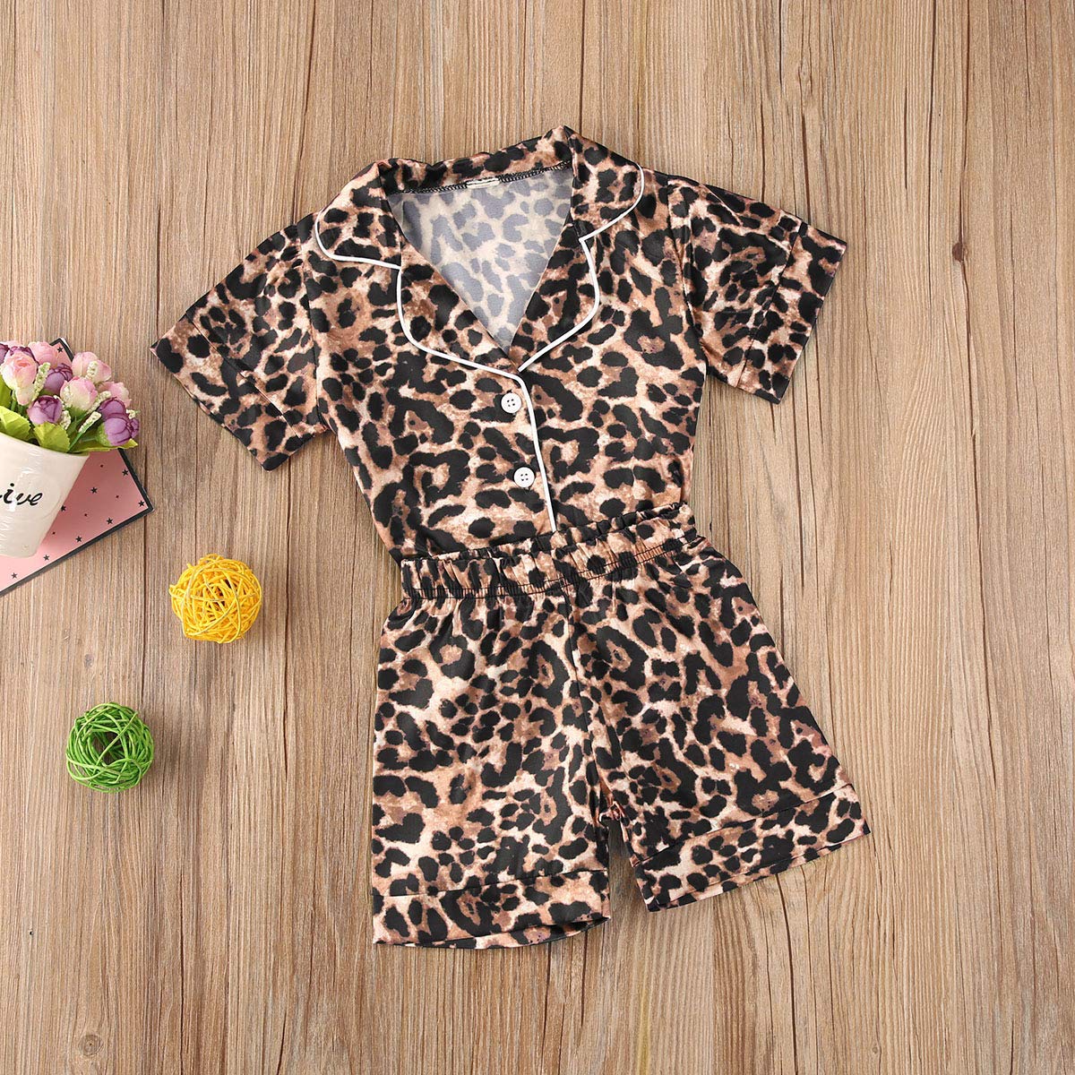 Toddler Girls Silk Pajamas Baby Infant Kids Short Sleeve Cute Button Down Shirt Top Shorts Set Summer Pjs Loungwear (Brown Leopard, 6-12 Months)