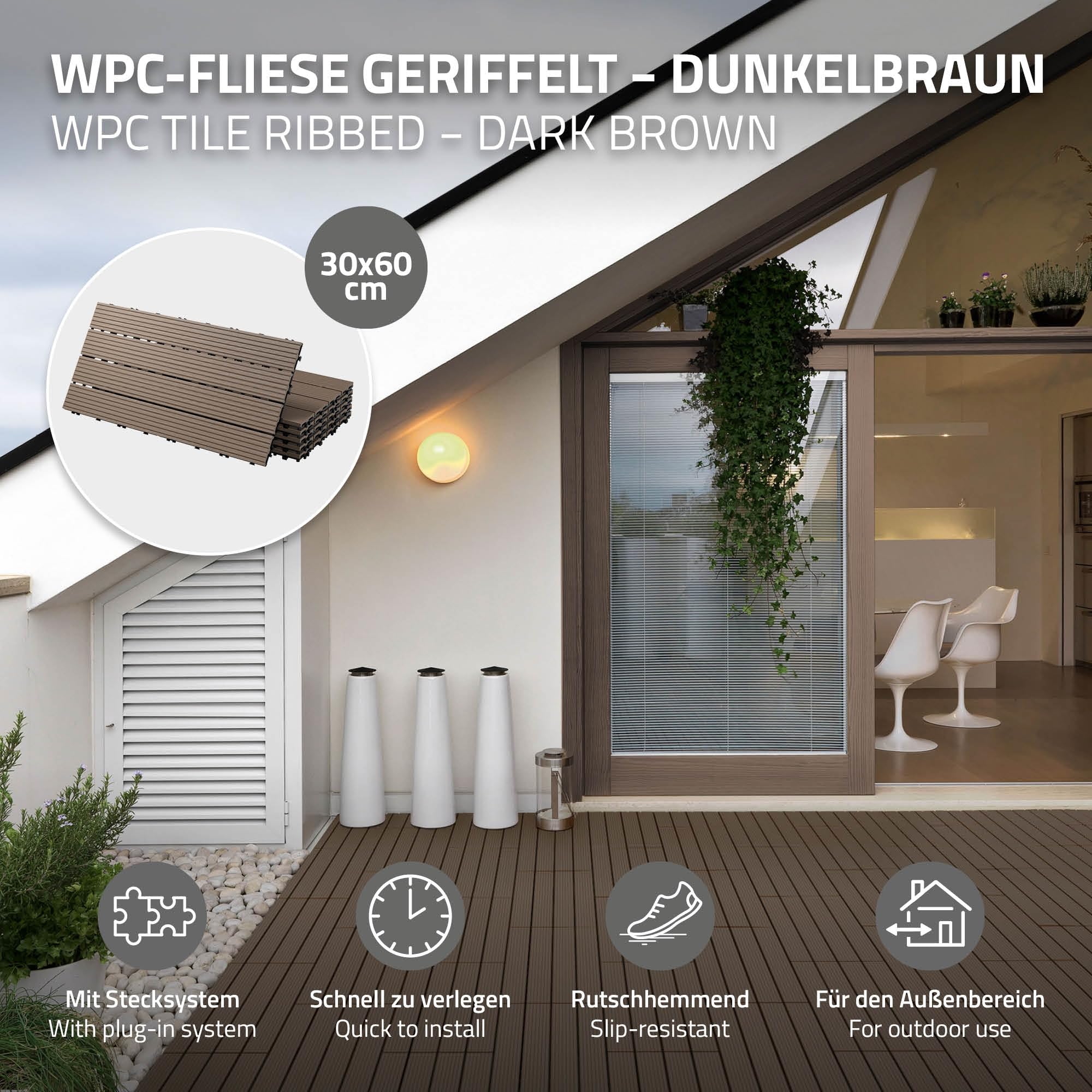 ECD Germany WPC Terrassenfliesen 60x30 cm/6 Stück=1m² Dunkelbraun, geriffelt, Holzoptik, Bodenbelag mit Klicksystem und Drainage, Terrassendielen Balkonfliesen, Klickfliesen für Terrasse Garten Balkon