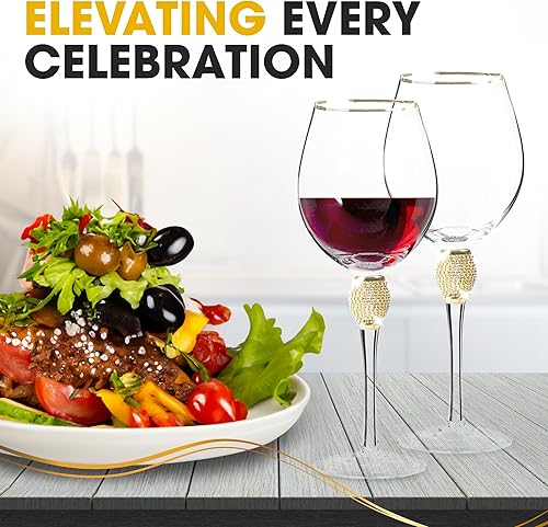 Miniatura 7 de Juego de 2 copas de vino de alta calidad, copa de vino de tallo largo con borde dorado y diseño de diamantes de imitación, 18 onzas