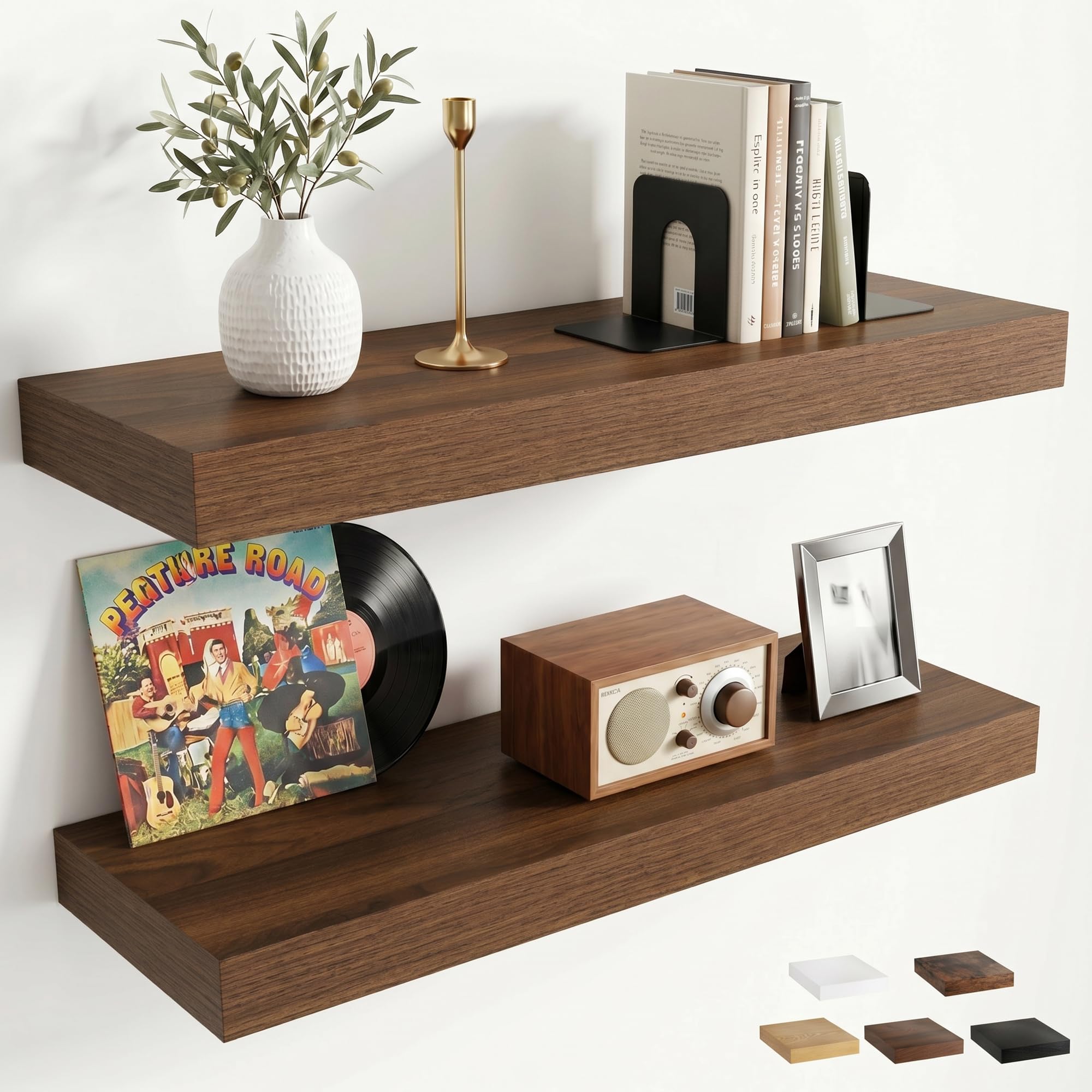 Furnbuty Floating Shelves Pack of 2, 60cm Wall Shelves Walnut Shelves with Robust Iron Assembly, Deep 19.5cm Floating Shelf for Kitchen, Bedroom, Living Room, Bathroom, Office Organizer, Wall Décor