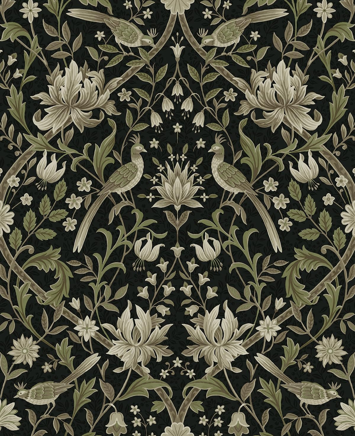 NextWall Vintage Bird Ogee Peel and Stick Wallpaper (Ebony & Rosemary, 20.5 in. W x 18 ft. L)