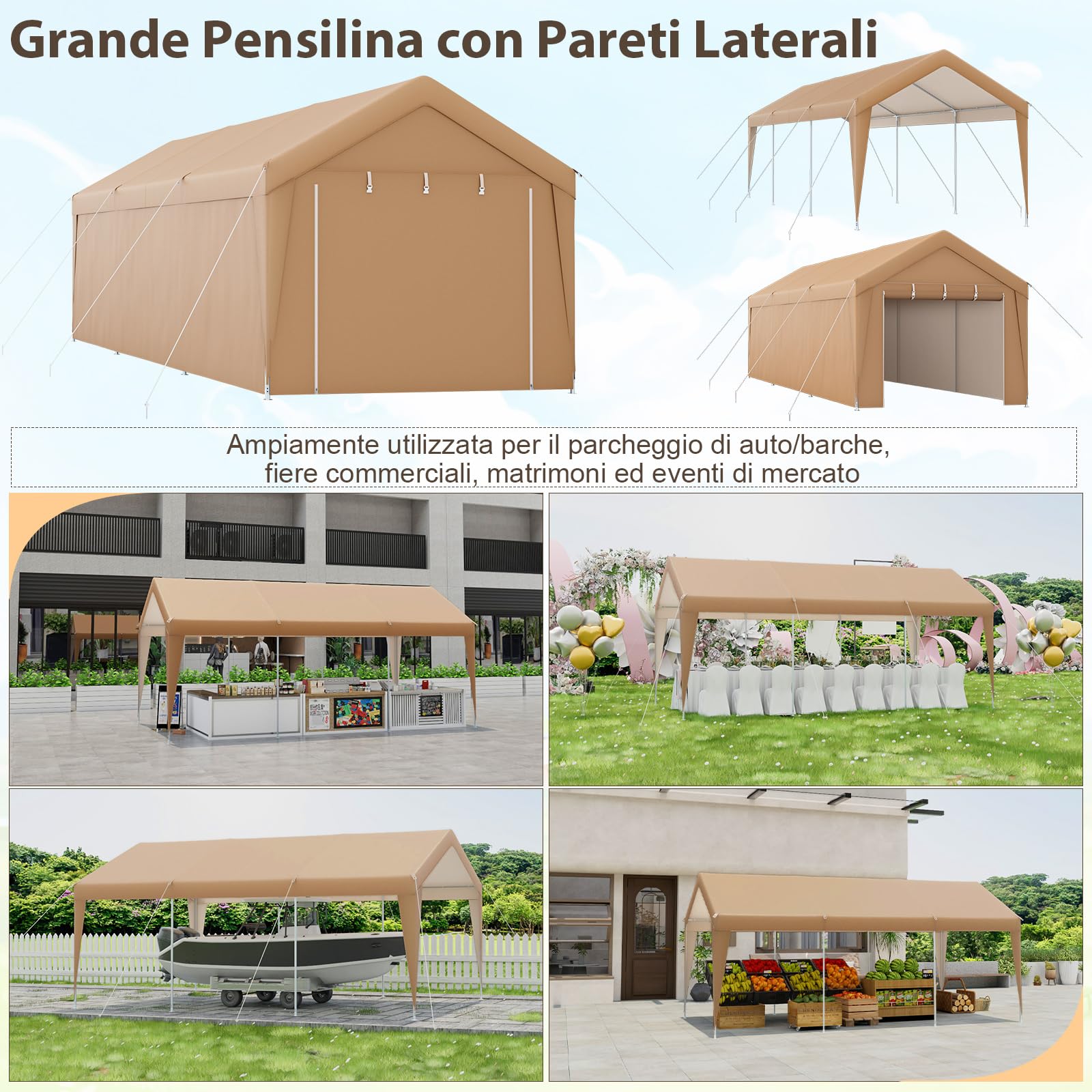 COSTWAY Gazebo Tenda per Posto Auto da Esterno, Carport Tenda Impermeabile in Metallo, Tendone Garage per Auto, Moto, 301 x 600 x 285 cm