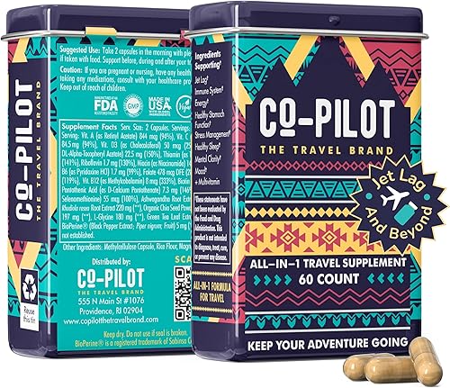 Co-Pilot - Suplemento de viaje todo en 1 Ashwagandha, té verde, D3+ para apoyo inmunológico, energía, salud digestiva  Sin chorro de retraso
