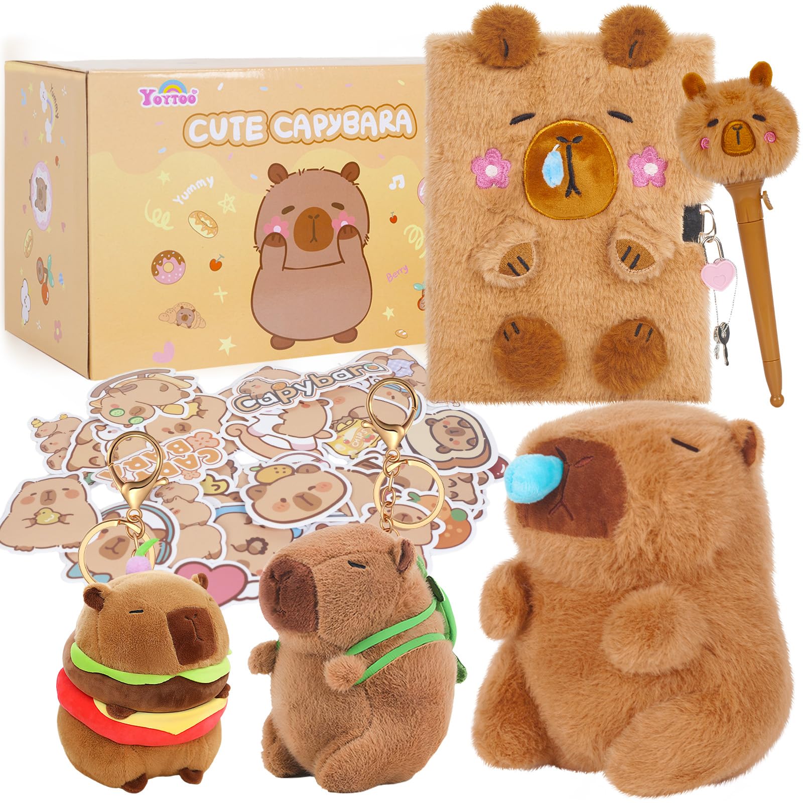 YOYTOO Capybara Gifts for Girls, Kids Capybara Plush Toys Set with Capybara Stuffed Animal, Secret Diary, Ballpoint Pen, Stickers, Birthday Gifts for