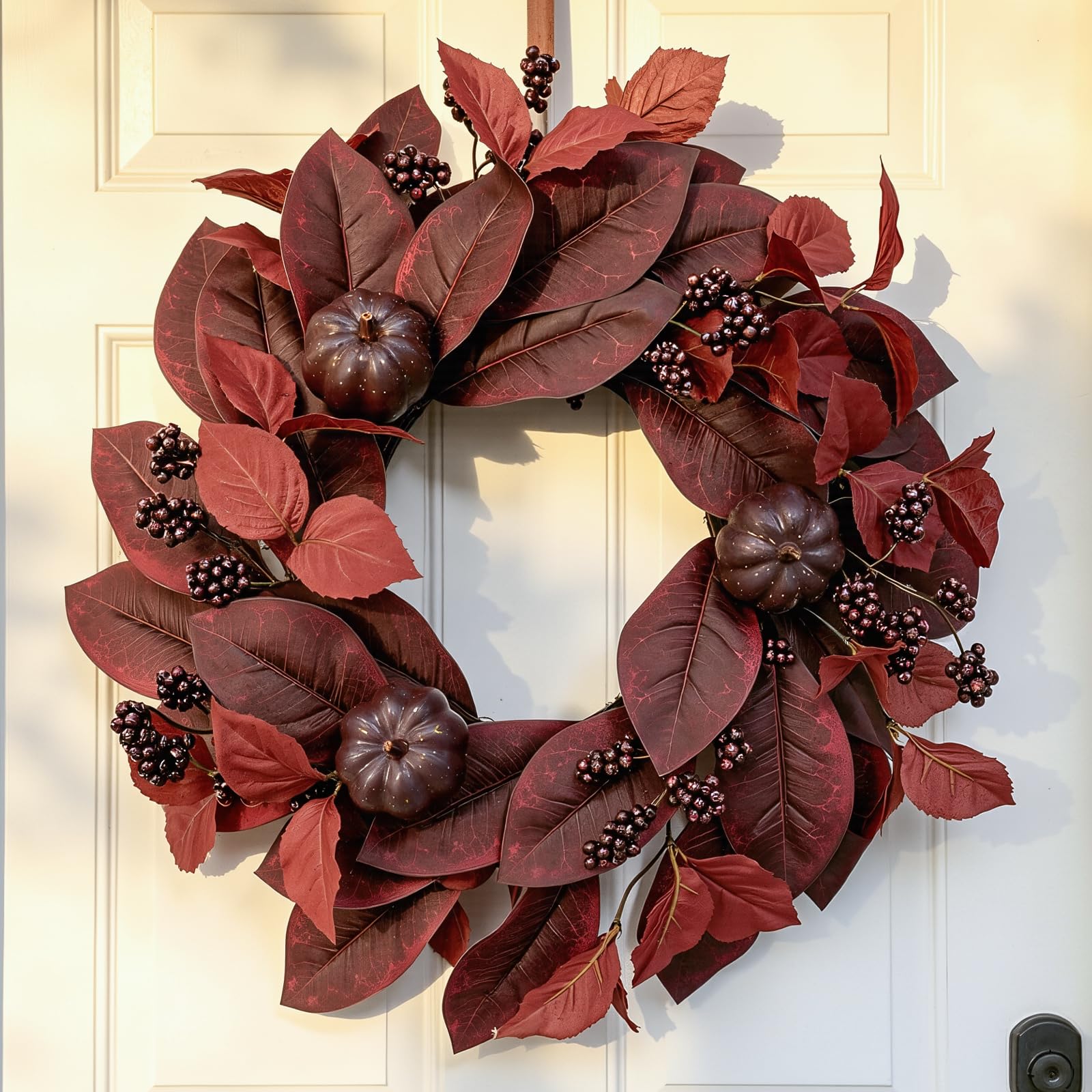 Fall Wreath for Front Door, 24 Inch Maroon Maple Leaves with Pumpkin Artificial Outdoor Autumn Wreath for Porch, Window, Farmhouse, Home,Thanksgiving Holiday, Hanging Fall Decorations