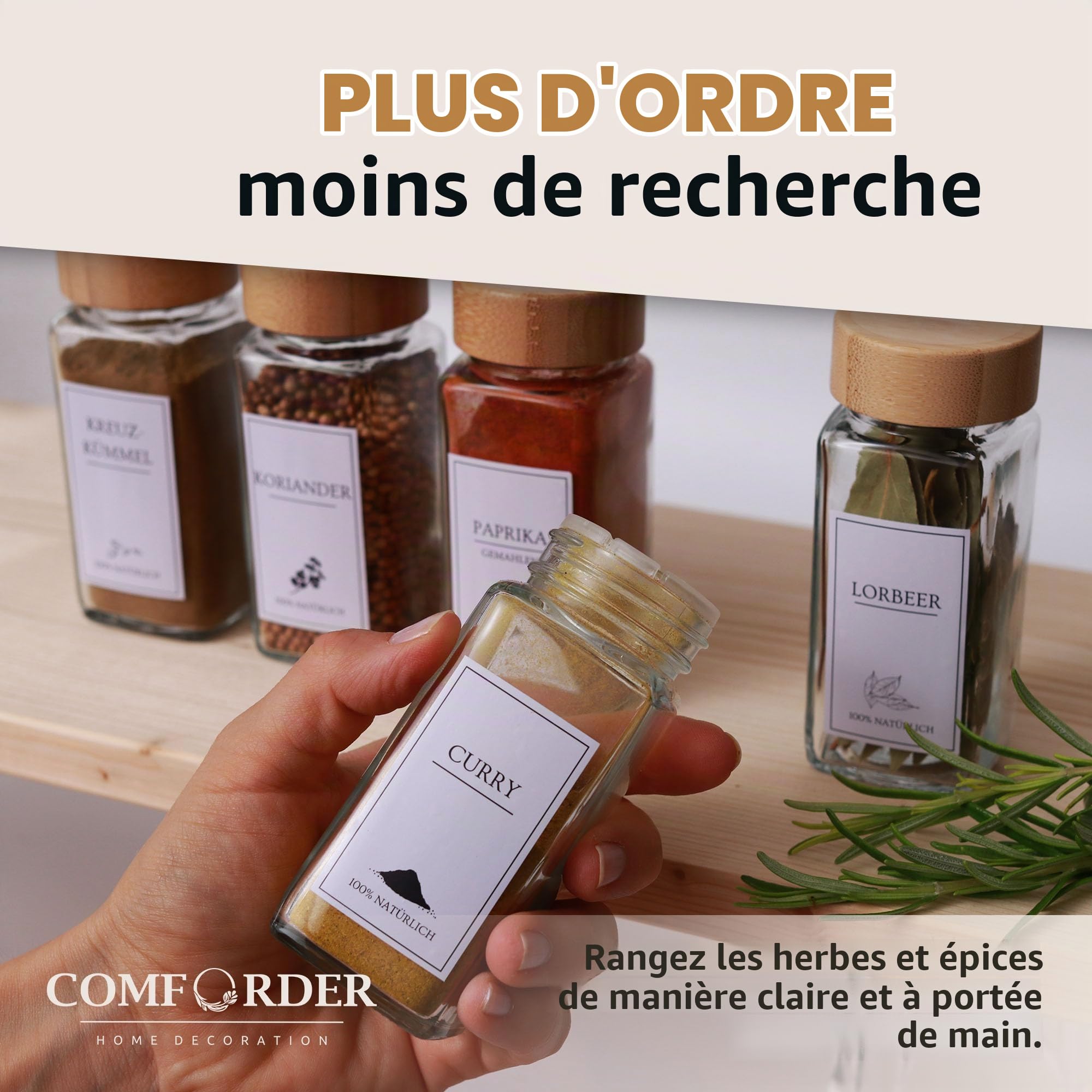 comforder Lot de 24 pots à épices carrés avec couvercles - 2 embouts de broyage et entonnoirs - 120 ml (bambou)