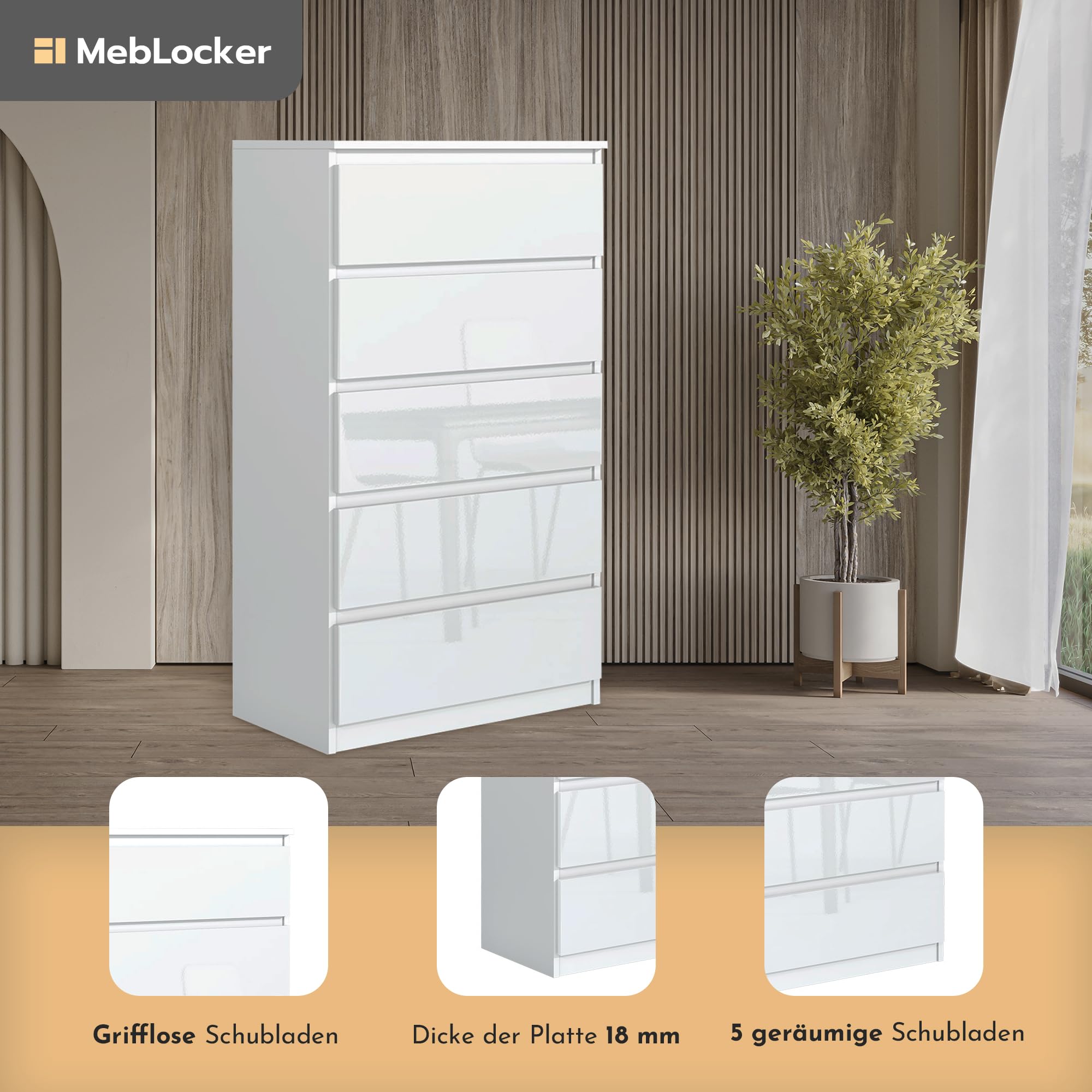 Commode 8 Tiroirs MebLocker 120 Cm - Blanc Sonoma - Rangement Moderne Pour Chambre Ou Salon
