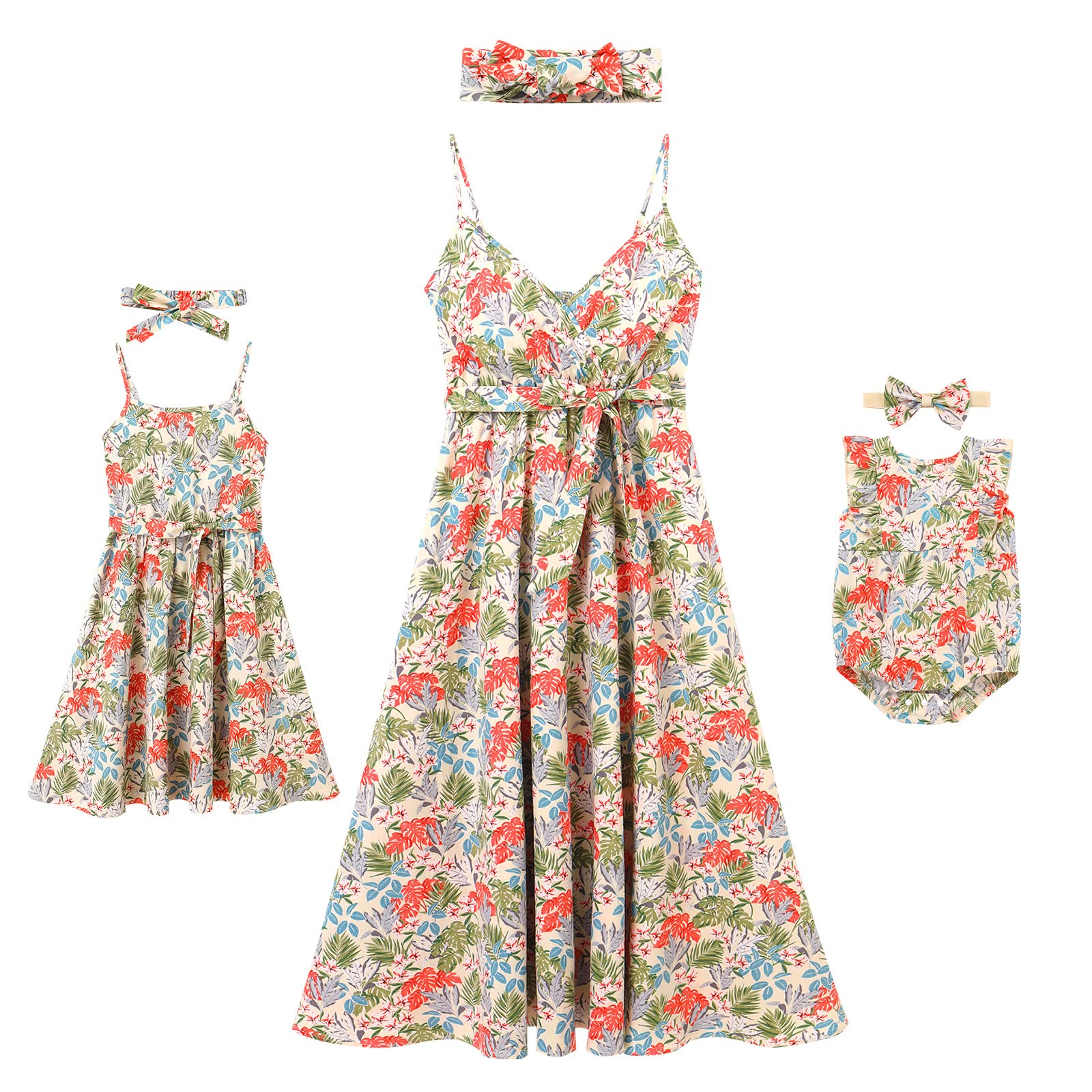 Mommy and Me Dresses Boho Floral Print Spaghetti Straps Sleeveless Midi Dress Self-Tied Belt Summer Casual Beach Hawaiian Vacation Tropical Mom Daughter Matching Outfits Apricot Flower 6-9 Months