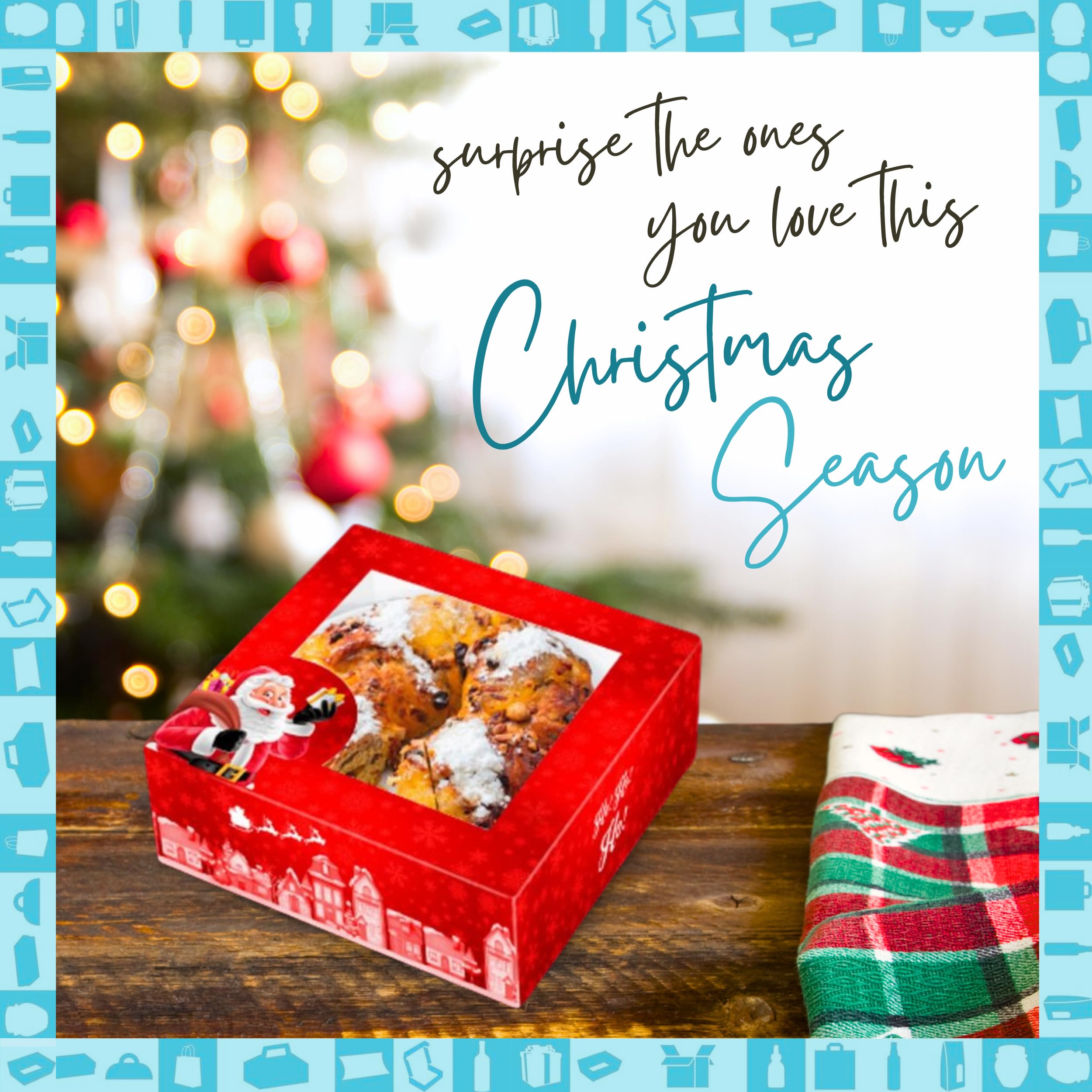 Espirito Rebelde 50 cajas de cartón para tartas con ventana (24 x 24 x 7,5 cm) – Diseño de Navidad, caja de panadería – Cajas para tartas de Navidad, galletas, magdalenas