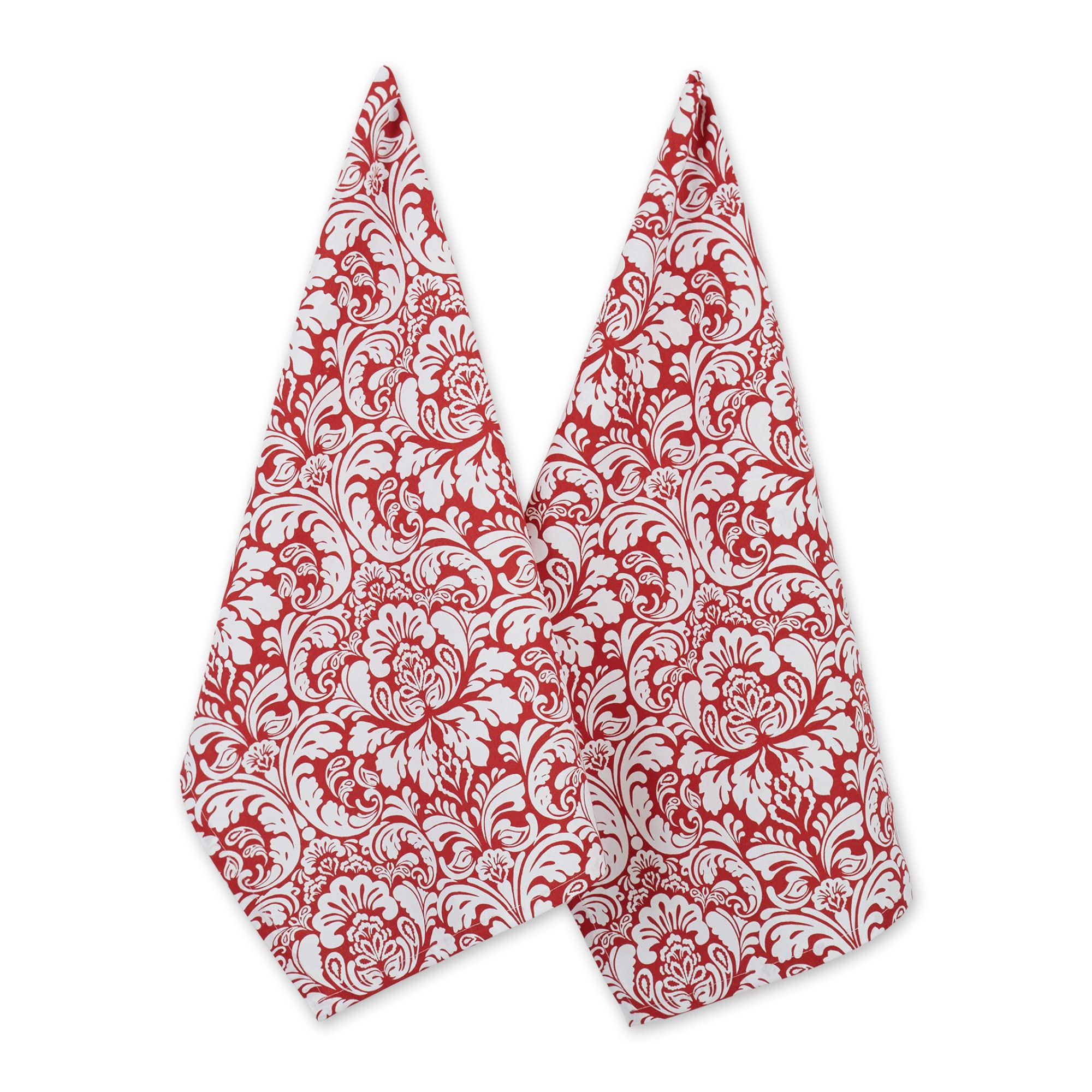 DII Cotton Damask Kitchen Dish Towels, 28 x 18 Set of 2, Low Lint Decorative Tea Towel for Everyday Cooking and Baking-Tango Red