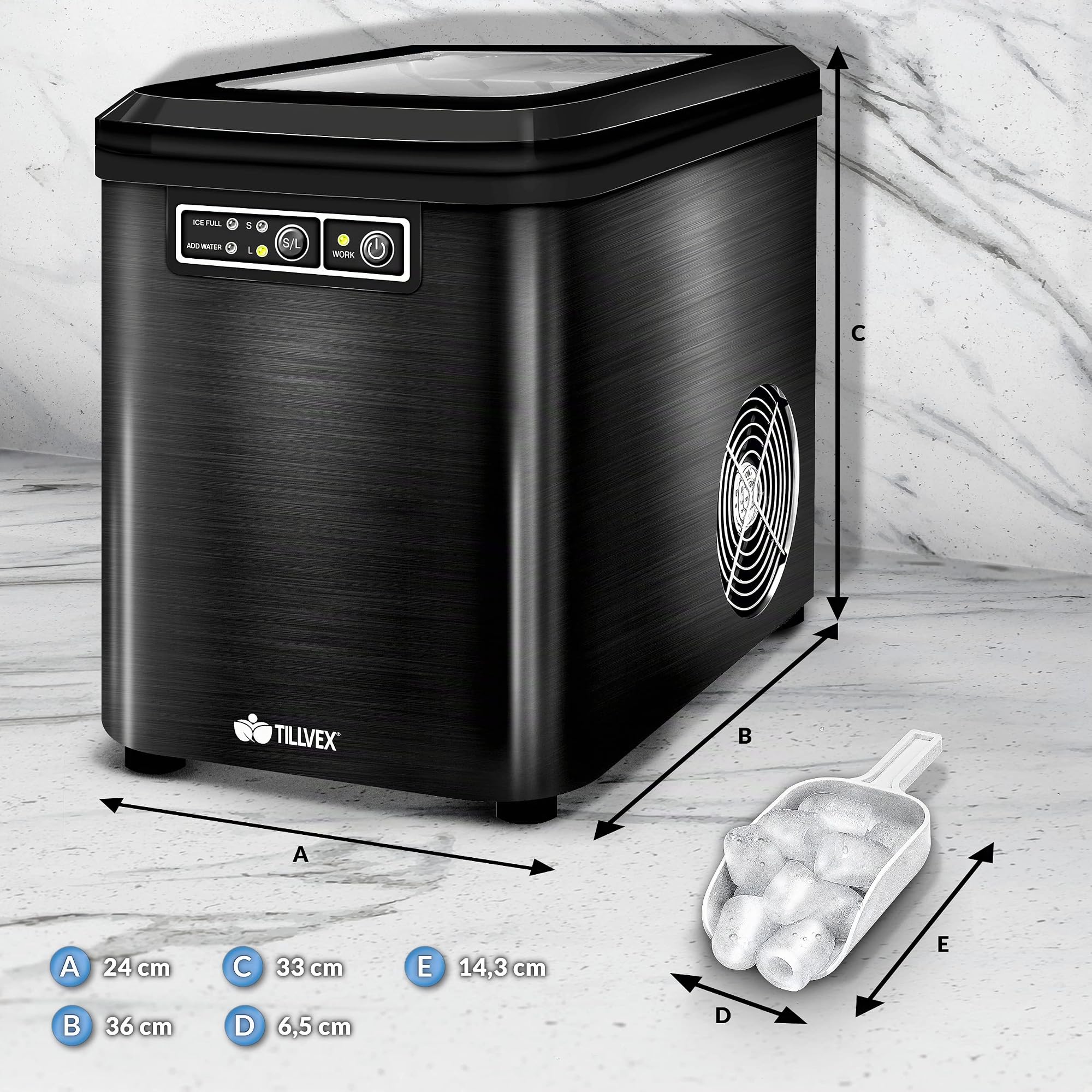 tillvex Machine à glaçons en inox 12 kg - 24 h | Préparation de glaçons réservoir 2,2 litres | Ice Maker écran LED et nettoyage automatique | 2 tailles de glaçons