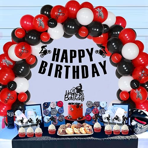 Miniatura 2 de JOYMEMO Decoraciones de cumpleaños de motocross para niños, kit de arco de guirnalda de globos rojos y negros con decoración de pastel de feliz