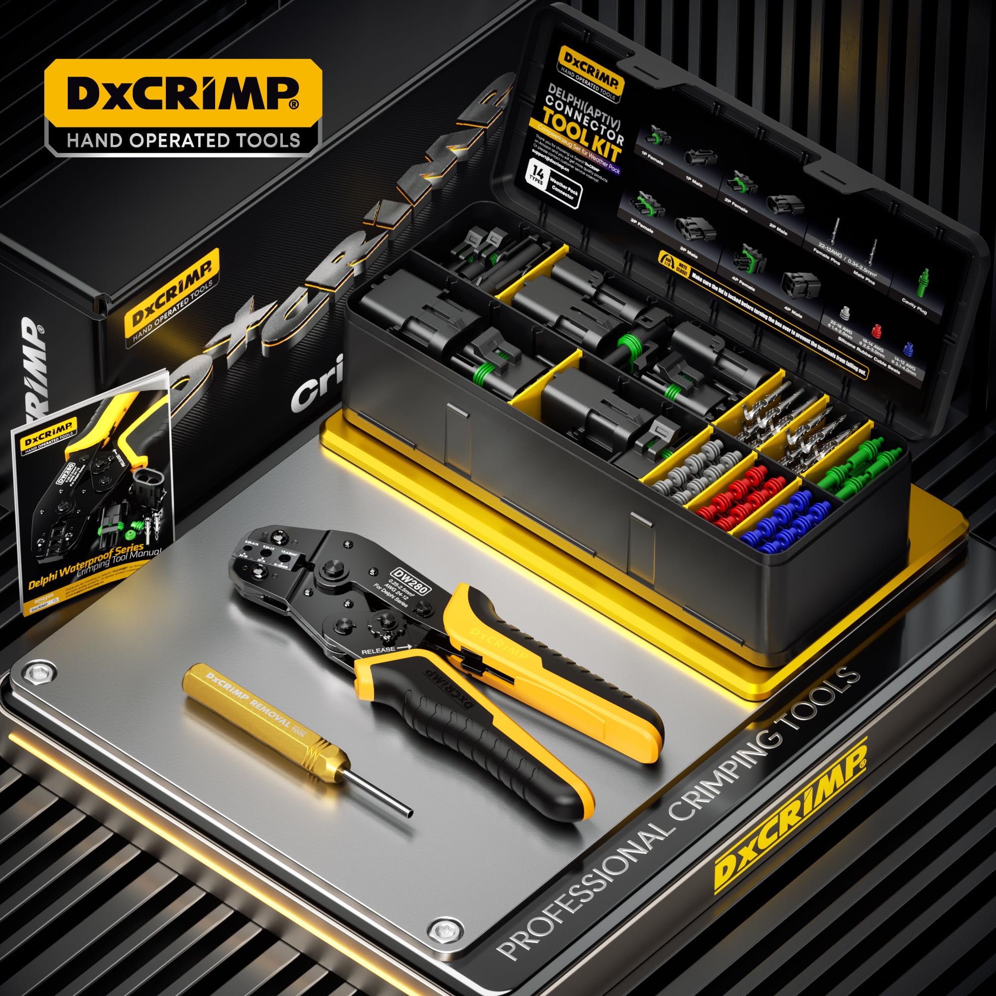 DxCRIMP Juego de crimpadora Weather Pack de conectores de 1/2/3/4 pines, resistente al agua, con crimpadora de 0,25 – 2,5 mm² y herramienta de extracción, para conector Delphi/Aptiv Weather Pack