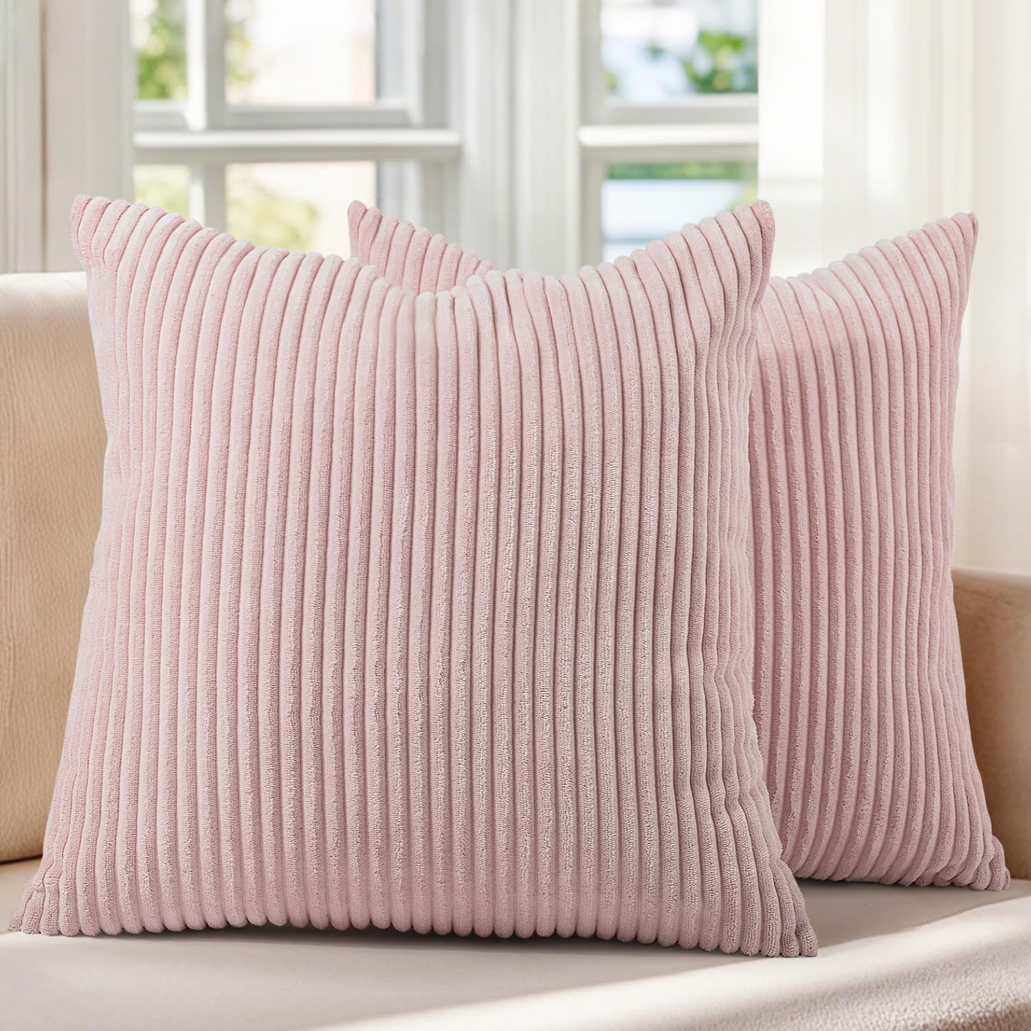 Pack of 2 Pink Corduroy Decorative Throw Pillow Covers 18x18 Inch Striped Spring Cushion Covers Cozy Boho Pillowcase Farmhouse Home Decor Soft Accent
