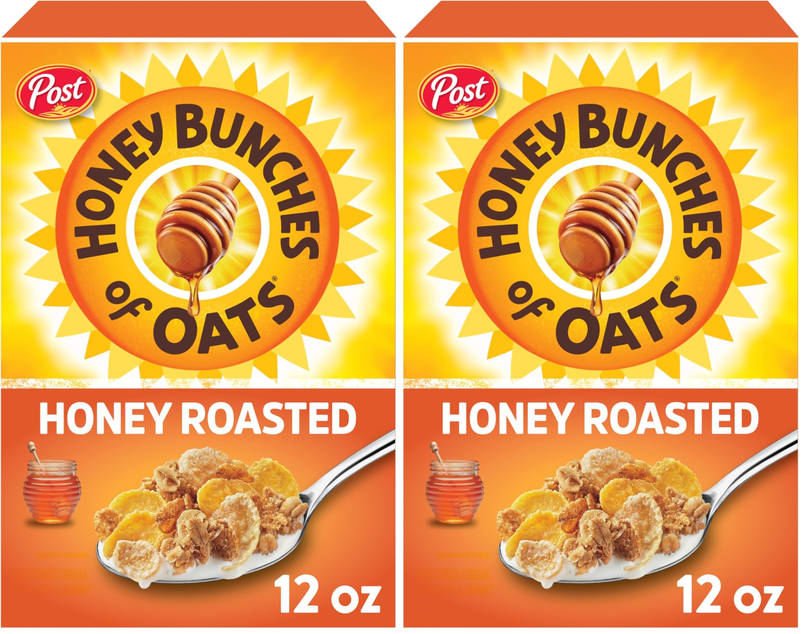 Honey Bunches of Oats Honey Roasted Breakfast Cereal, Honey Oats Cereal with Granola Clusters, 12 OZ Box (Pack of 2)
