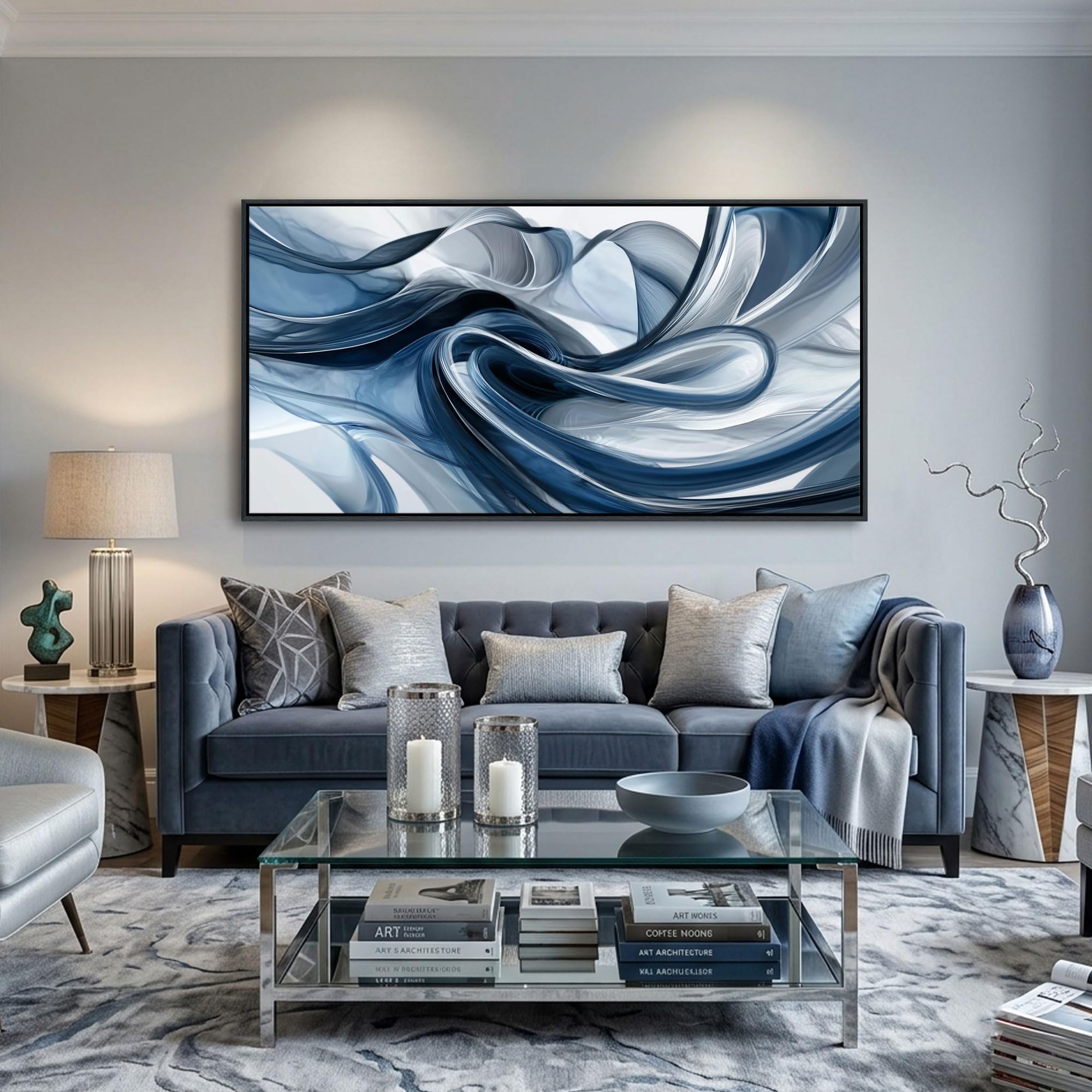 Photo 1 of Large Navy Blue Abstract Canvas Wall Art - Modern Framed Pictures for Living Room, Navy Wall Decor for Bedroom, Sophisticated Blue Artwork for Office Wall 24×48INj7
