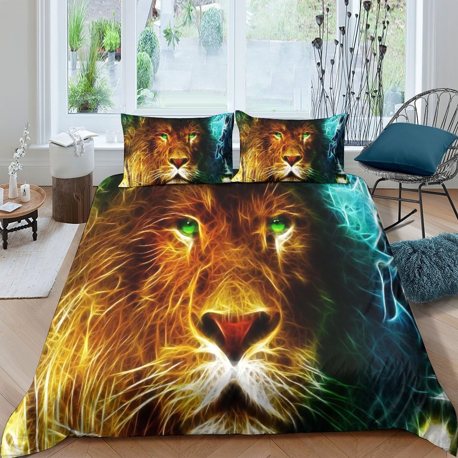 Housse de couette lion 3D avec fermeture éclair pour un lit King sans pli