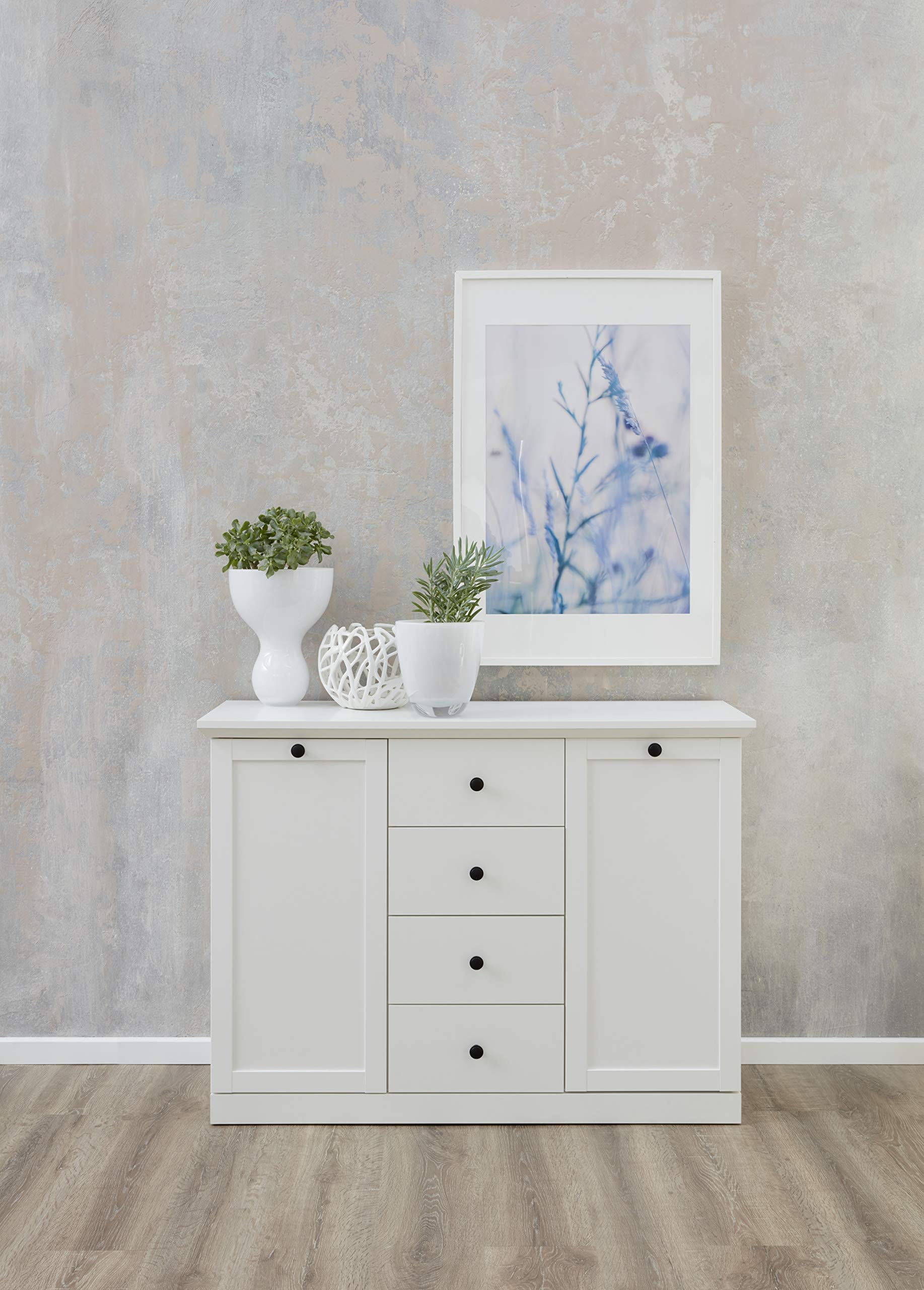 trendteam smart living - Baxter - Sideboard - Weiß Matt - Kommode - Schrank - (BxHxT) 119 x 88 x 41 cm - Landhausstil - Schwarze Metallgriffe - Vollauszug Schubladen - Sockel