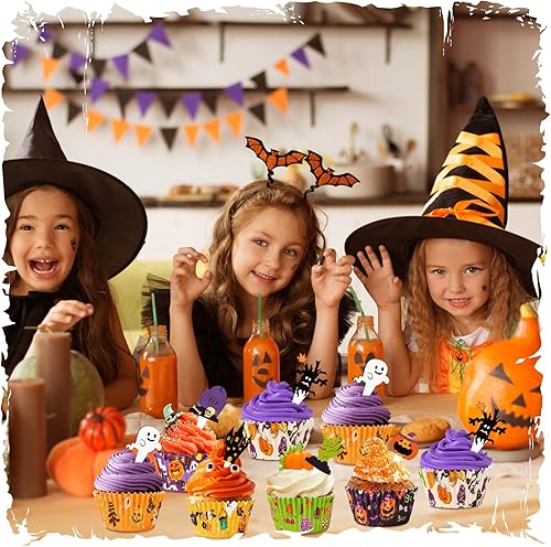 Miniatura 6 de Revestimientos para cupcakes de Halloween con palillos de tapetes, envoltorios estándar, vasos desechables para hornear, muffins para suministros