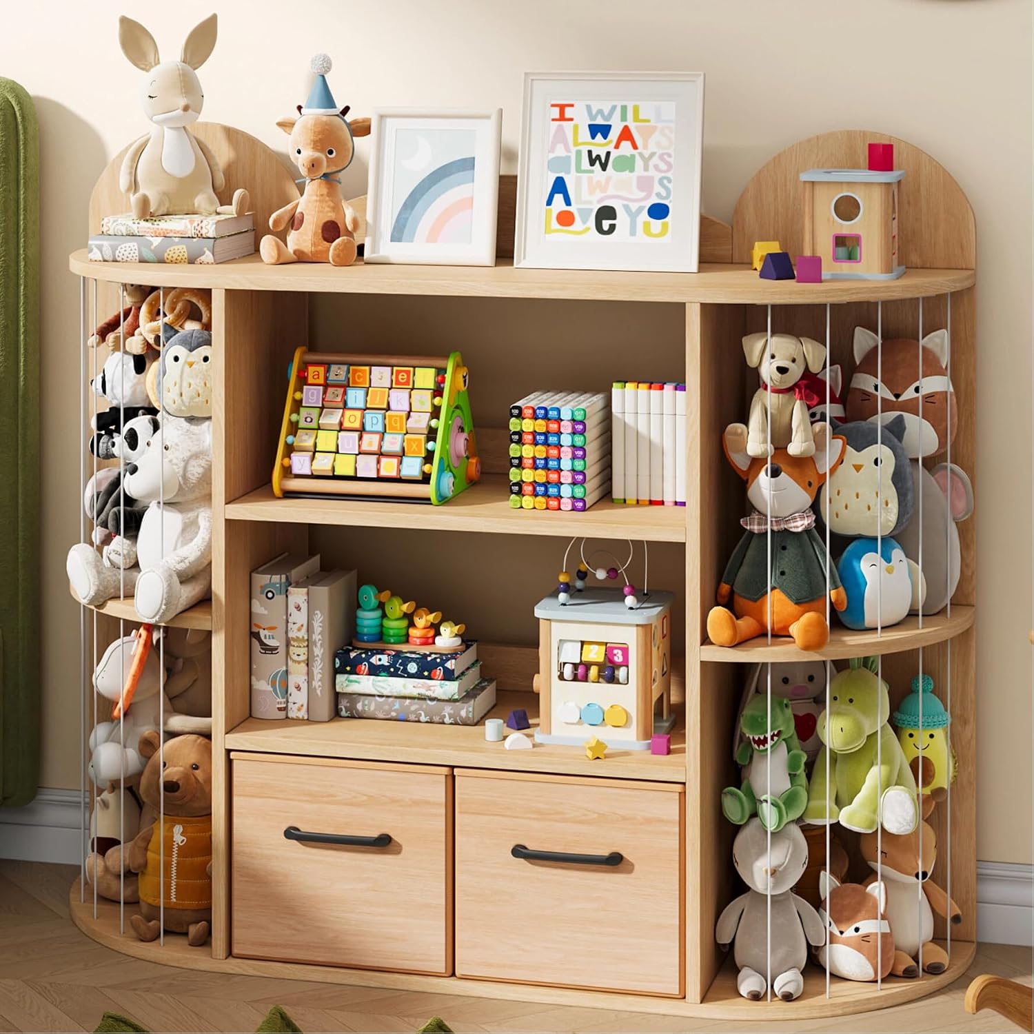 kepptory Kids Wooden Bookcase & Toy Storage Organizer with Elastic Ropes, 4-Tier Open Shelves & 2 Drawers, Children's Bookshelf with Anti-Tip Design for Playroom, Nursery, Bedroom (Natural)