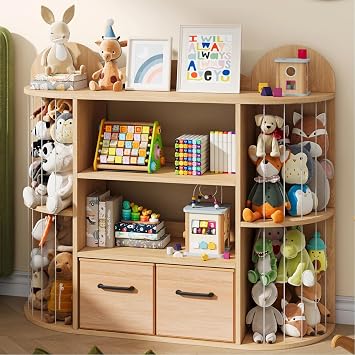 kepptory Kids Wooden Bookcase & Toy Storage Organizer with Elastic Ropes, 4-Tier Open Shelves & 2 Drawers, Childrens Bookshelf with Anti-Tip Design for Playroom, Nursery, Bedroom Natural