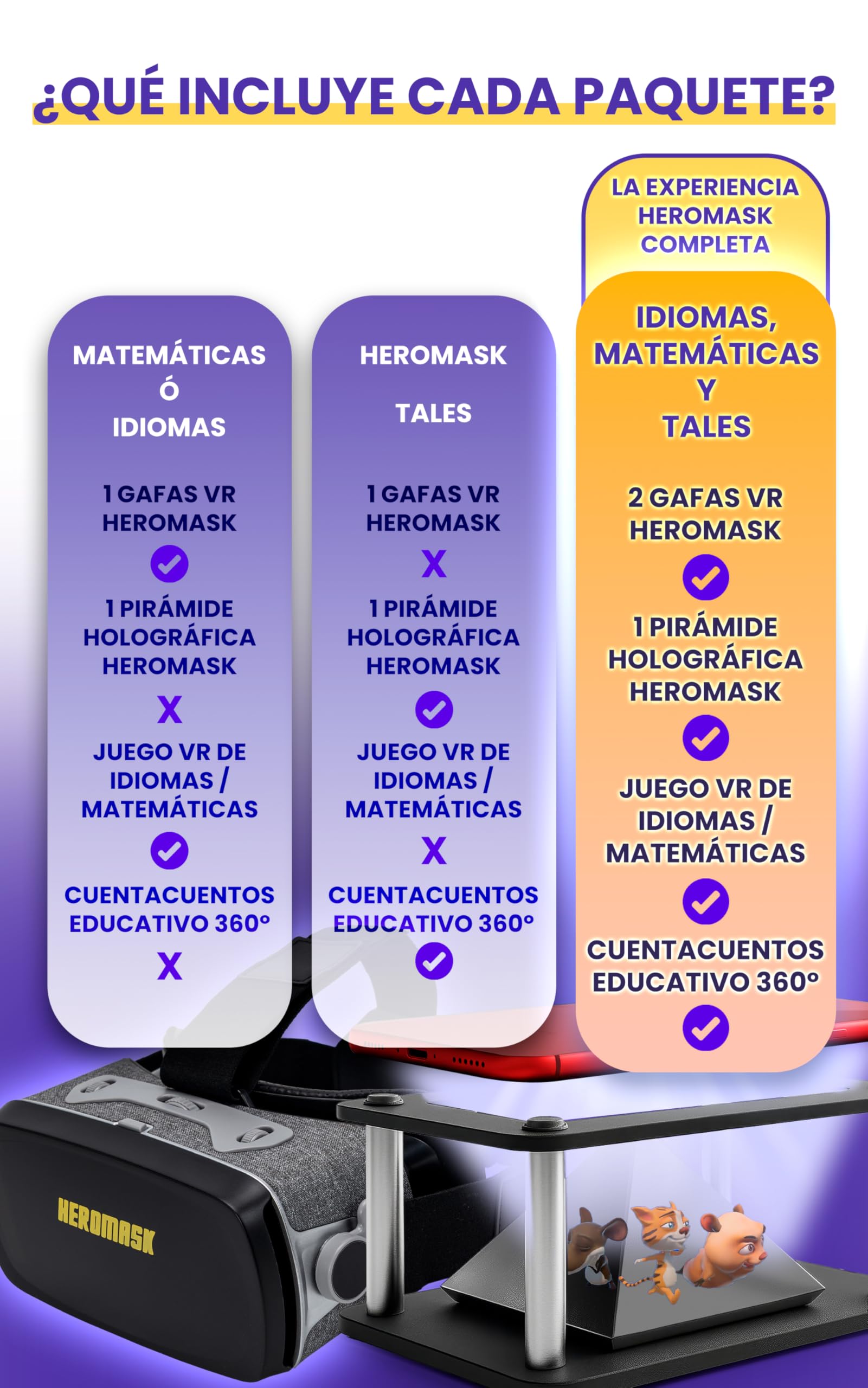 Heromask Bundle Educativo 3 en 1 – Idiomas, Matemáticas y Cuentos en Realidad Virtual y Hologramas | Juego 2 en 1 con Casco VR + Pirámide | Regalo Original para Niños 5-12 Años