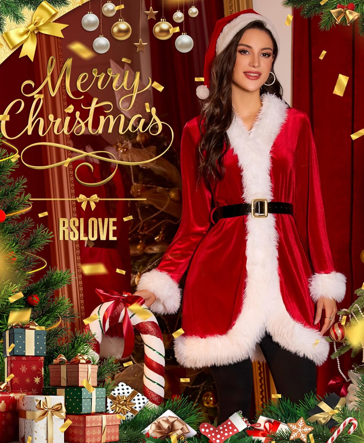 RSLOVE Christmas Costumes for Women - Velvet Mrs Claus Costume Lady Santa Holiday Outfit Cosplay Suit with Belt - Image 2