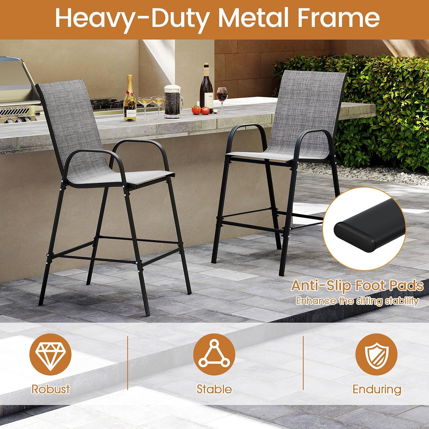 Tangkula Outdoor Bar Stools Set of 2, 29" Fabric Counter Height Bar Chairs with High Back, Armrests, Footrest, Enlarged Seat & Metal Frame, Tall Patio Chairs for Backyard Deck Pool (Gray)