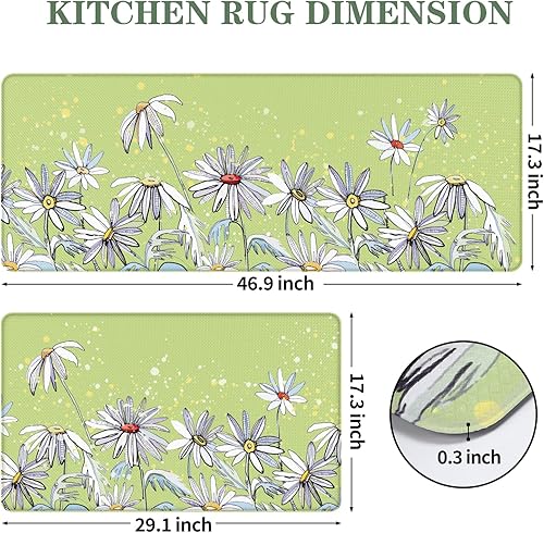 Miniatura 4 de Serwrsw Juego de 2 tapetes de cocina con diseño de margaritas blancas, 2 unidades, antideslizantes, lavables, 17 x 47 + 17 x 29 pulgadas, verde lima