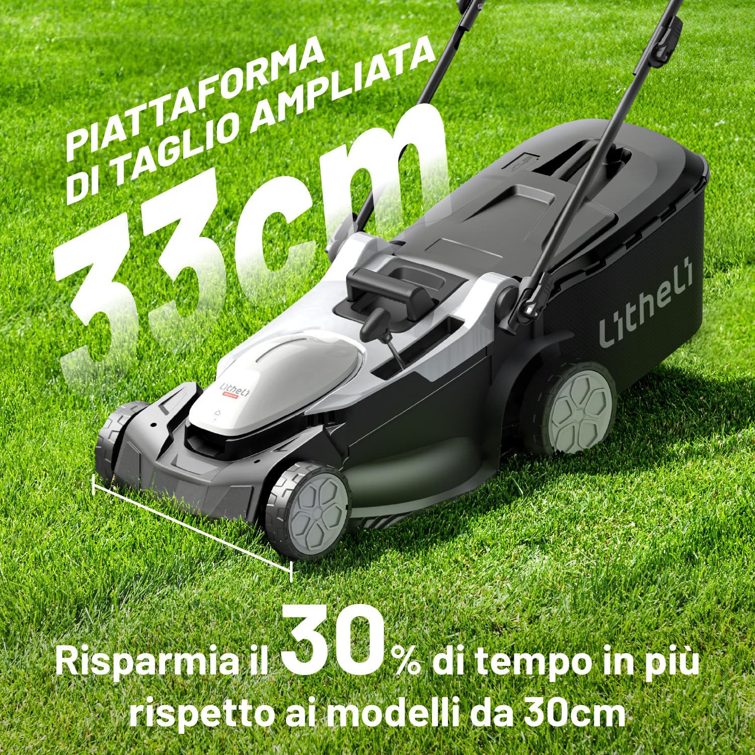 Litheli Tagliaerba Tosaerba a Batteria 33cm, Altezza Regolabile 25-65mm, Sacco 30L, fino a 200m², Tosaerba Elettrico con 2x 20V Batteria 4.0Ah